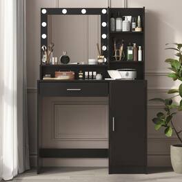 Lirago - Vanity Desk with Mirror Light Wood Dresser Table Makeup Vanities 53.9"H x 15.7"D x 35.4"W - Black