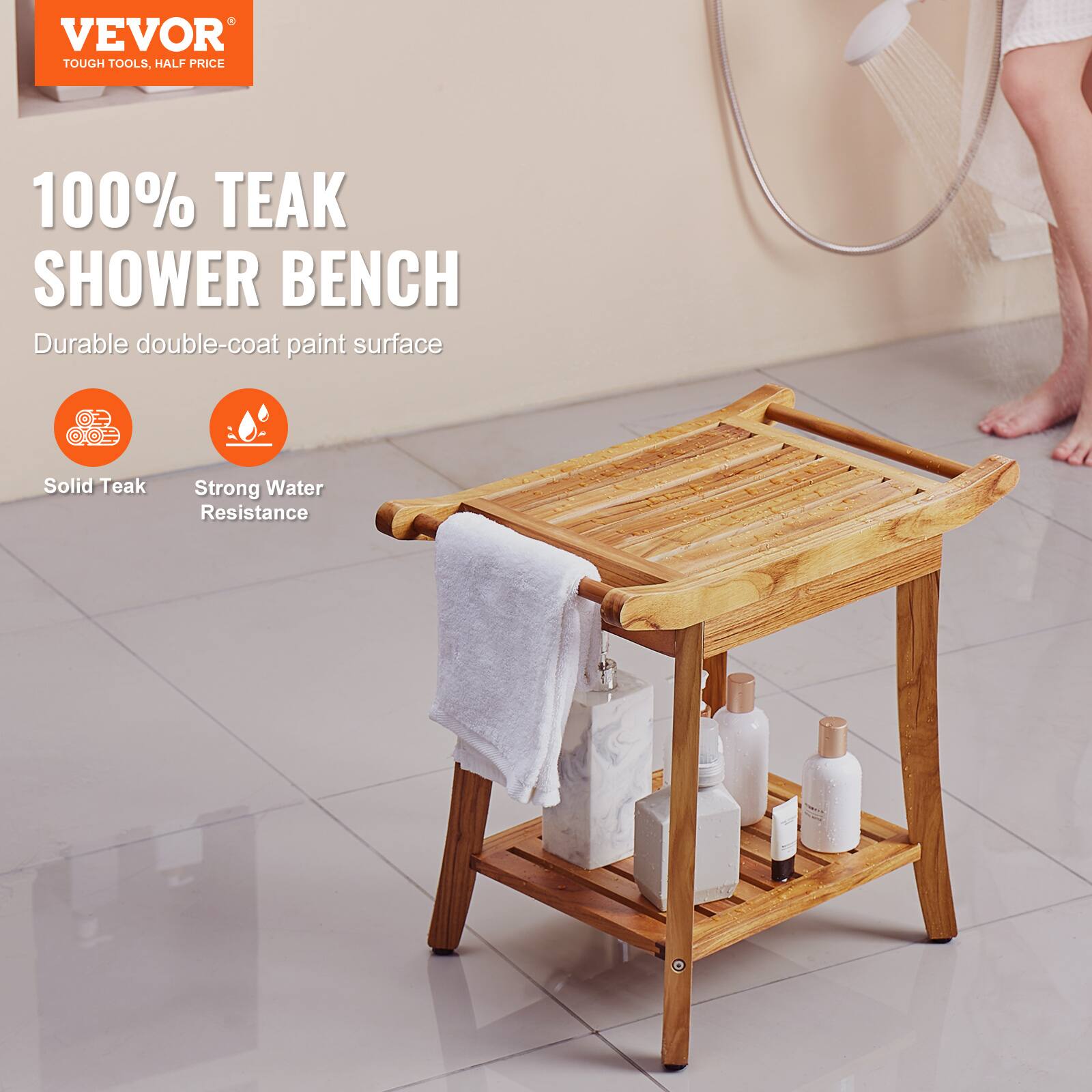 VEVOR  
TOUGH TOOLS, HALF PRICE  

100% TEAK SHOWER BENCH  

Durable double-coat paint surface  

Solid Teak  
Strong Water Resistance