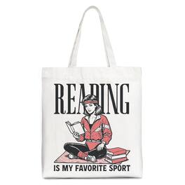 OrnamentallyYou - Reading Is My Favorite Sport Bookworm Canvas Tote Bag, Retro Bibliophile Gift Shopper - White
