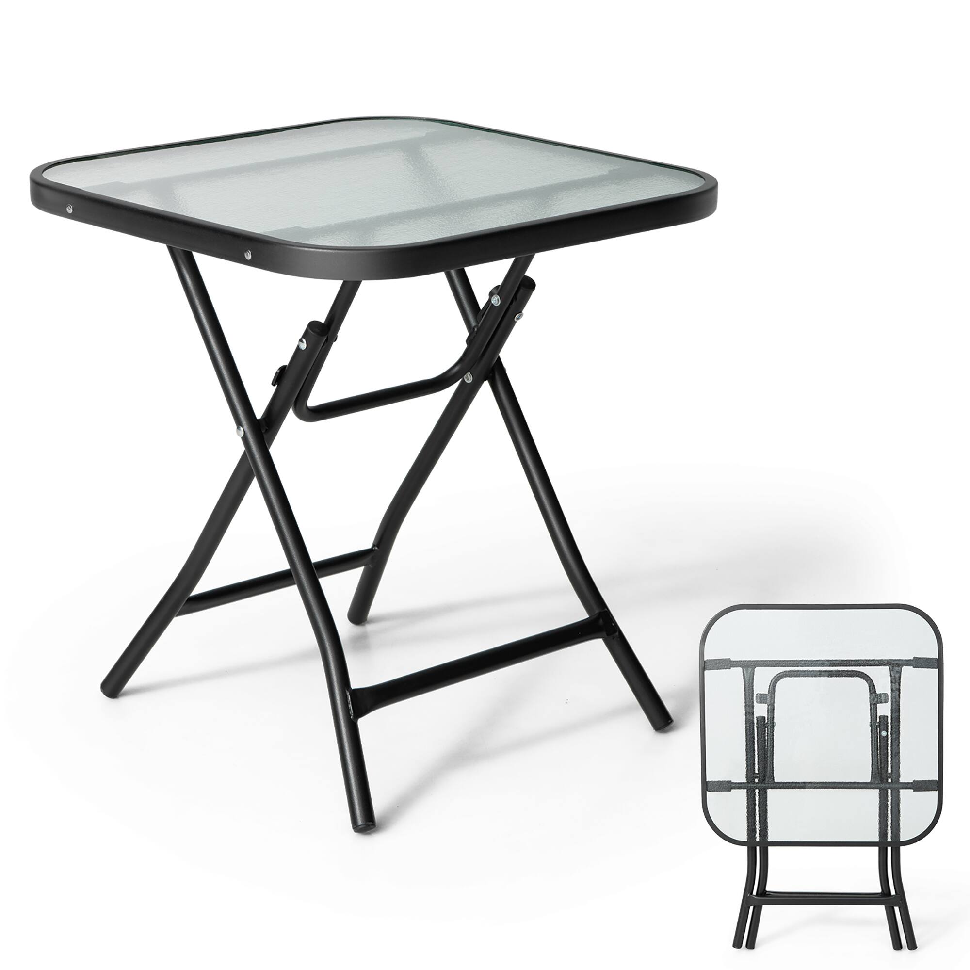 Alt View 9. Gymax - Gymax 18'' Foldable Patio Side Table Square Coffee Bistro Table w/ Tempered Glass Table Top - Black.