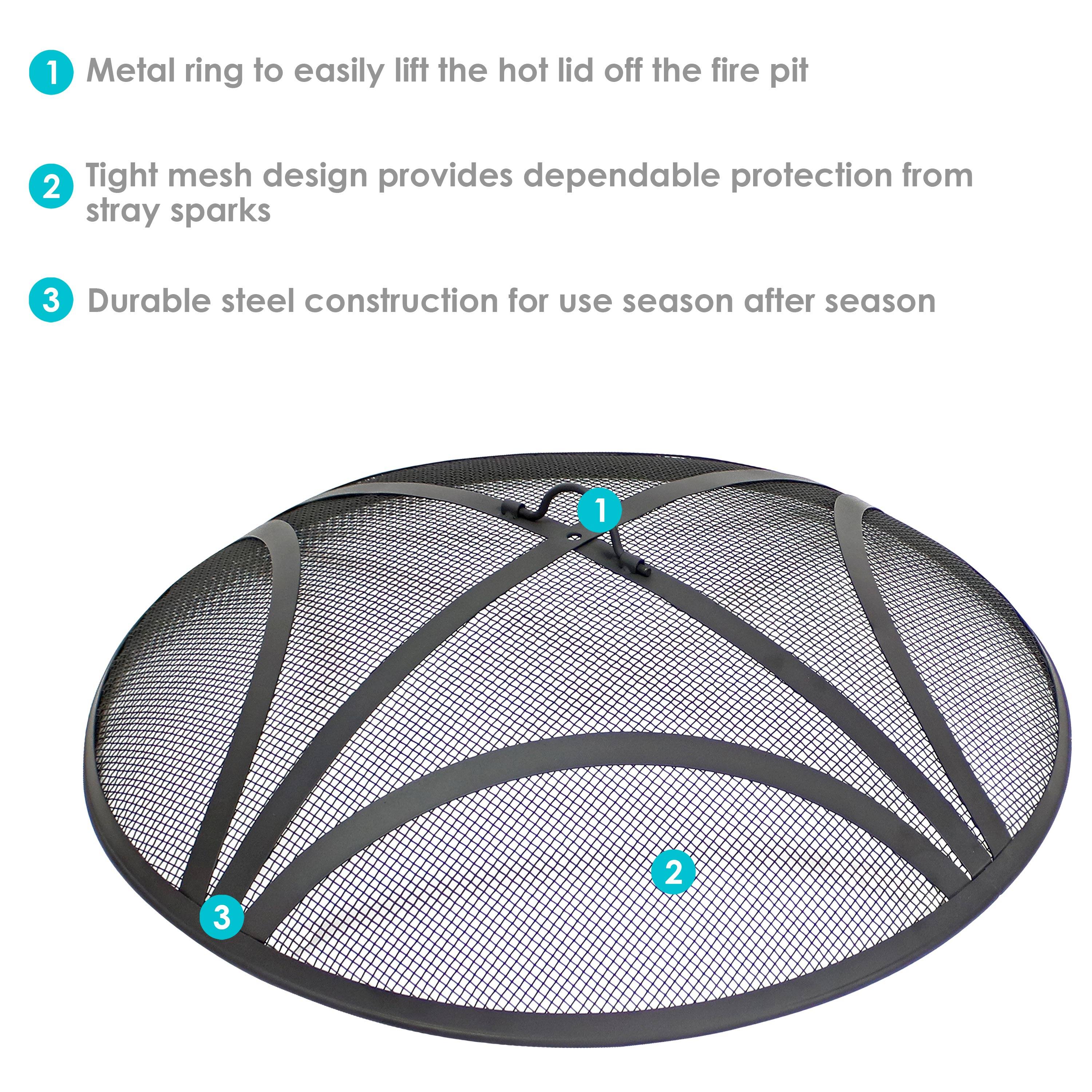 1. Metal ring to easily lift the hot lid off the fire pit  
2. Tight mesh design provides dependable protection from stray sparks  
3. Durable steel construction for use season after season