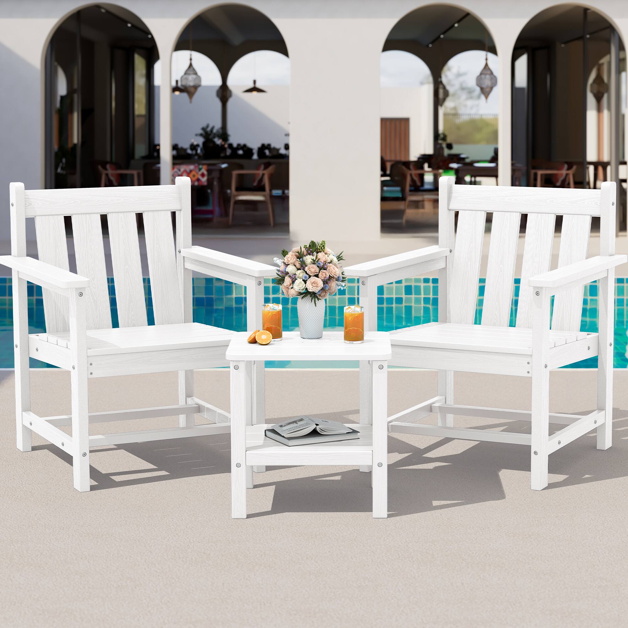 Alt View 3. SERWALL - SERWALL 3 Pieces Patio Bistro Set-Outdoor Chairs and Side Table with Umbrelle Hole,White - white.