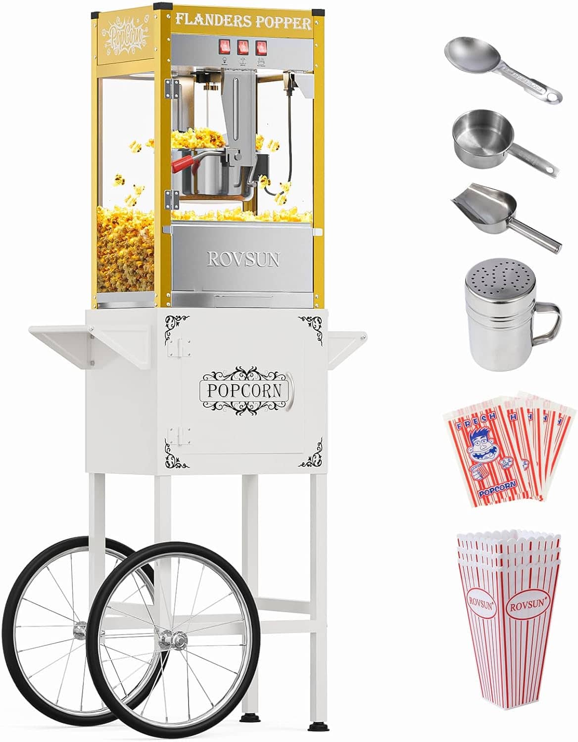 Winado - 850W Popcorn Machine Movie Theater Style with Cart & Wheels, 10 Ounce Kettle Makes Up to 40 Cups Popcorn Maker - Gold