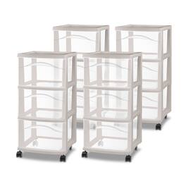 Sterilite - 3 Drawer Storage Cart, Plastic Rolling Organization, 4 Pk - Grey Pumice