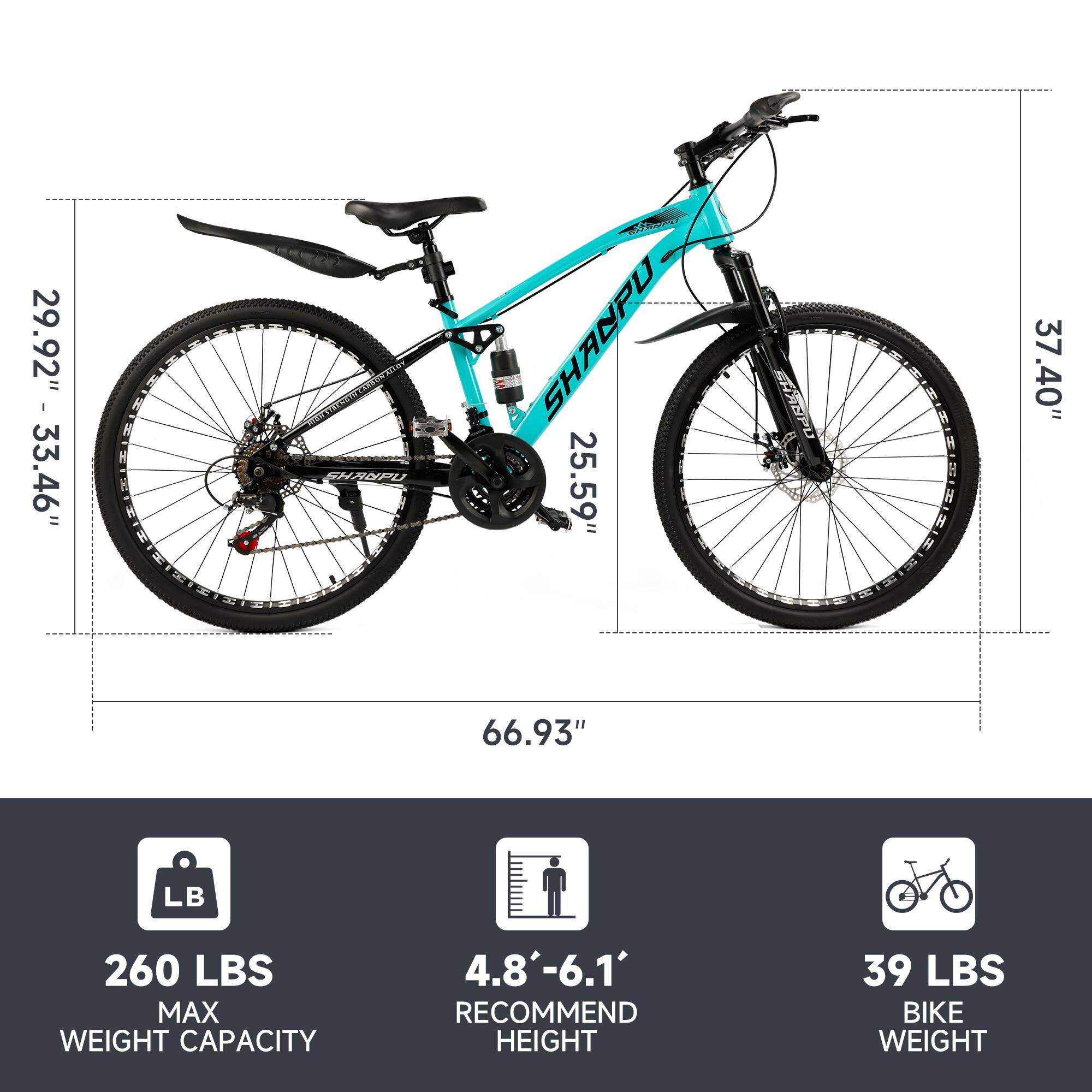 - **Seat Height (SH):** 29.92" - 33.46"
- **Seat Tube Length (ST):** 25.59"
- **Top Tube Length (TT):** 37.40"
- **Wheel Size:** 66.93"
- **Max Weight Capacity:** 260 LBS
- **Recommended Rider Height:** 4.8' - 6.1'
- **Bike Weight:** 39 LBS