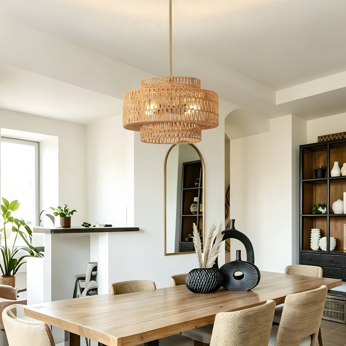 Angle. Loheer - Loheer Boho Rattan Chandelier, Handwoven Wicker Four Light Pendant Fixture for Dining Room.