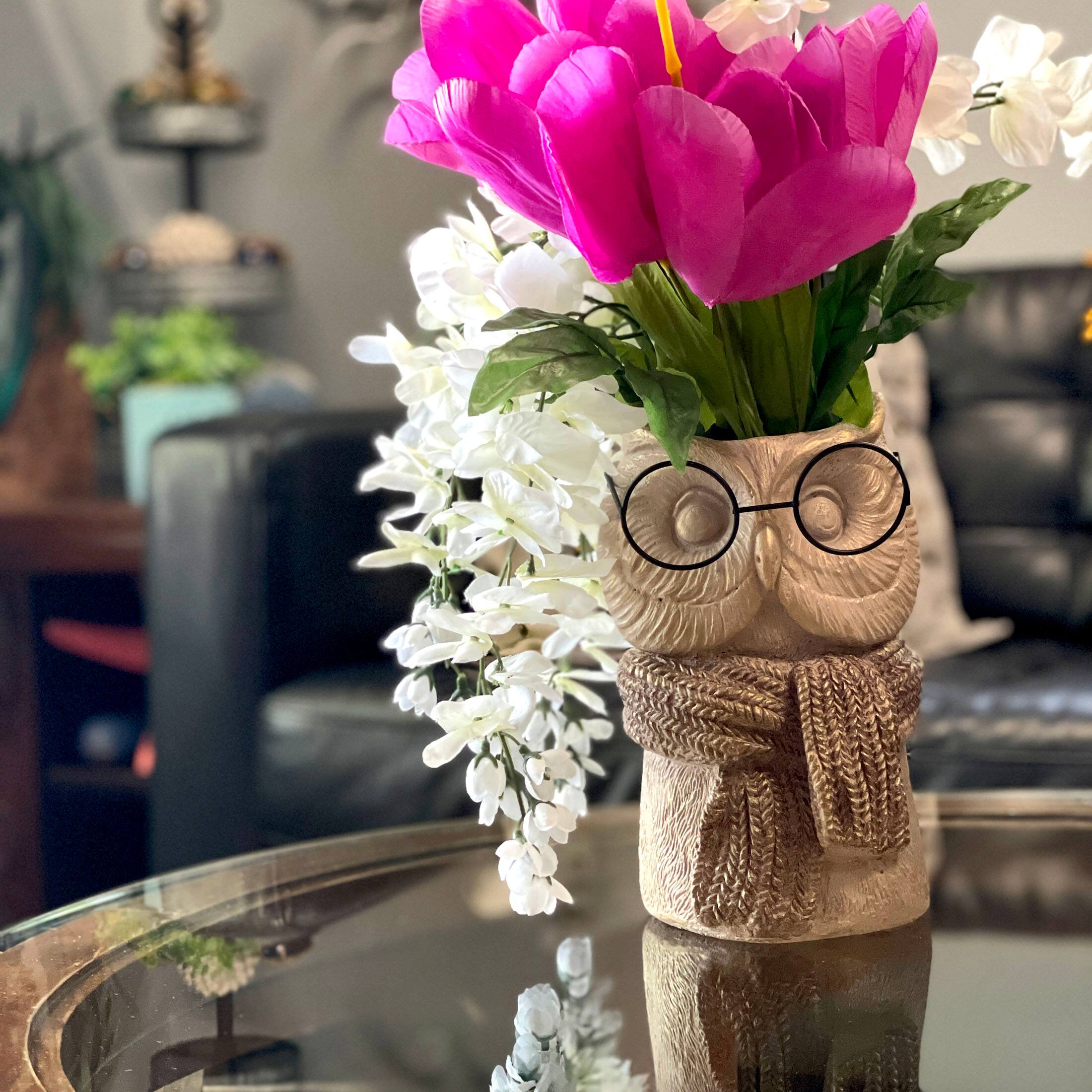 Alt View 4. Things2Die4 - Bespectacled Owl Cement Vase 8.25" Gold Accents Knit Scarf Real Wire Glasses - Taupe.