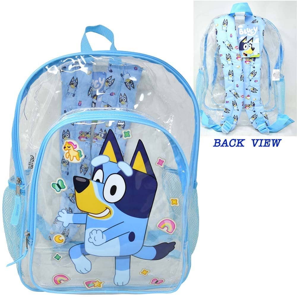 Disney - Bluey 16" Clear Backpack for Kids Transparent Bag with 2 Side Mesh Pockets - Multicolored