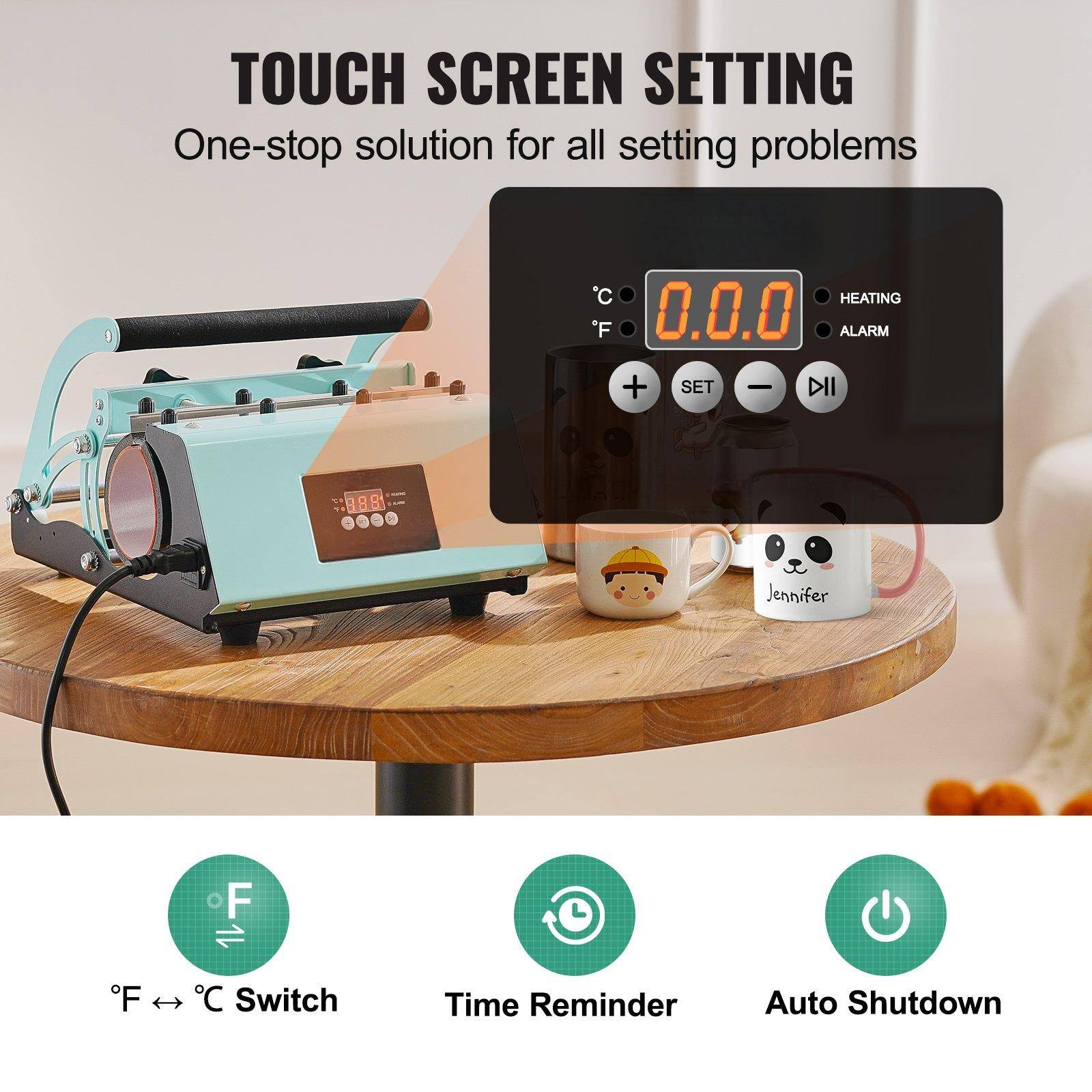 TOUCH SCREEN SETTING  
One-stop solution for all setting problems  

°C | 0.0.0 | °F  
HEATING | ALARM  

+ | SET | - | DII  

°F ↔ °C Switch  
Time Reminder  
Auto Shutdown
