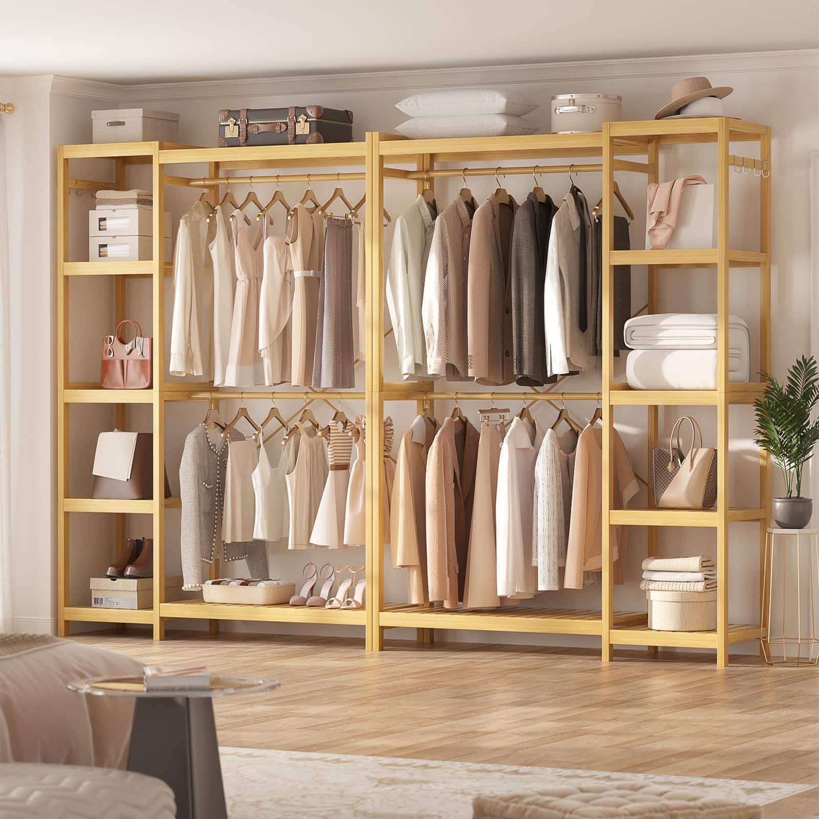 Aheaplus - Heavy Duty Bamboo Garment Rack: Double Rods, 7 Adjustable Shelves, 4 Hooks - Freestanding Closet Organizer - Natural