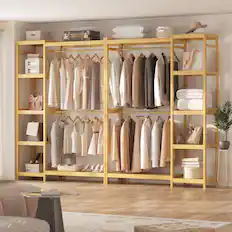 Front. Aheaplus - 2-Piece Bamboo Closet System, Freestanding Garment Rack with Adjustable Shelves & Hooks - Natural.