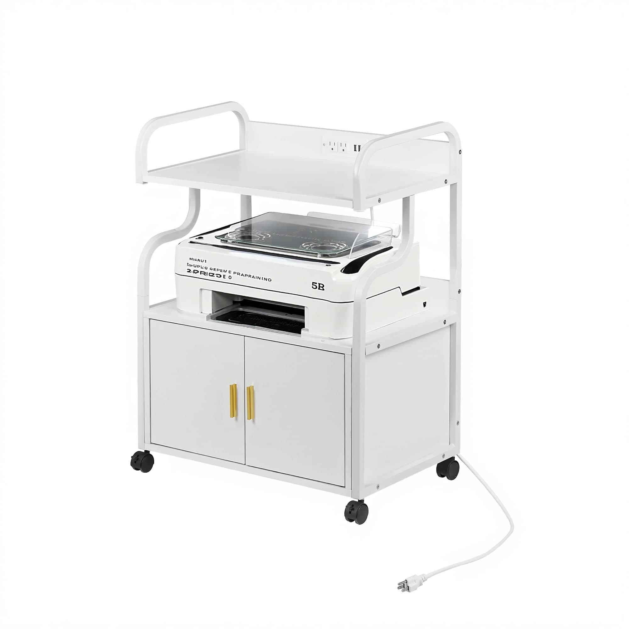 Vecelo - 3 Tier Printer Stand with Power Outlet & Door, Rolling Metal Printer Cart with Storage Shelves - White