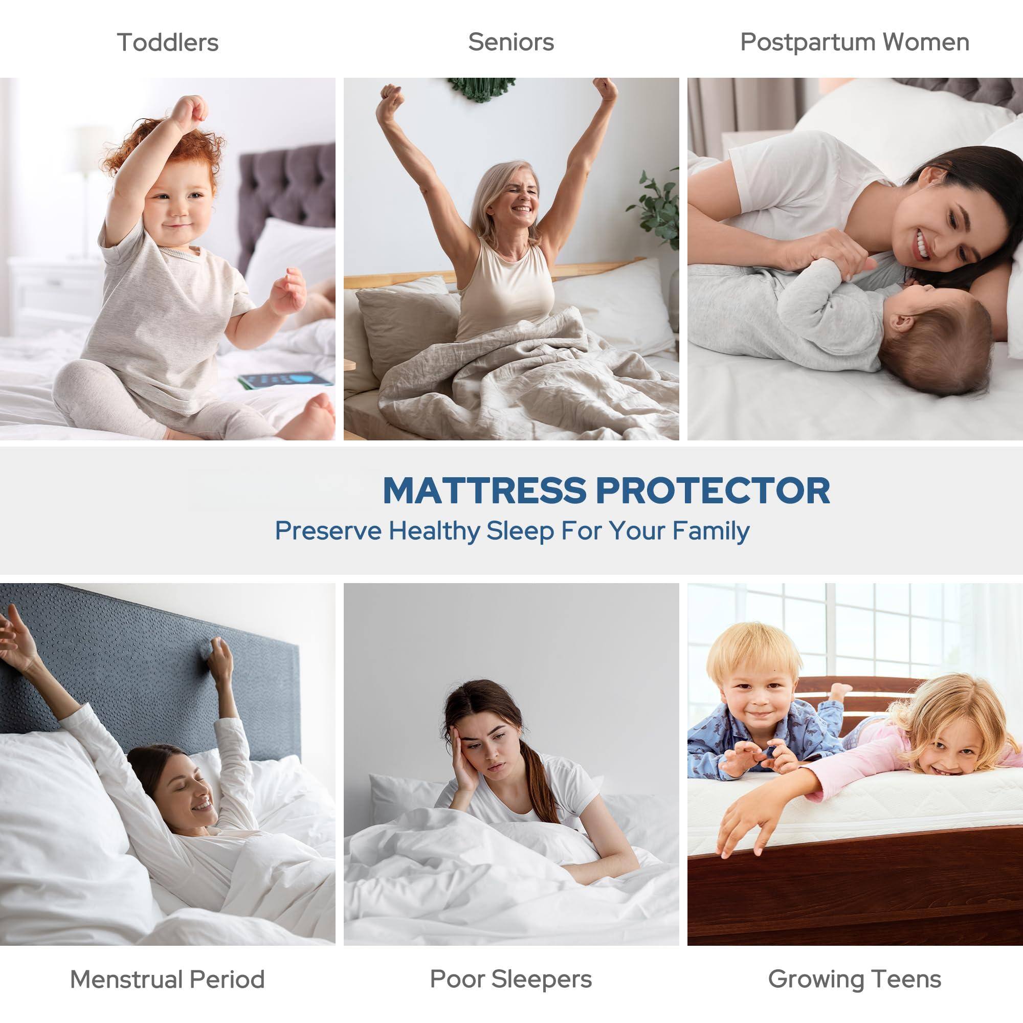 Sure, here is the corrected and grouped text from the image:

---

**Toddlers**

**Seniors**

**Postpartum Women**

**MATTRESS PROTECTOR**

**Preserve Healthy Sleep For Your Family**

**Menstrual Period**

**Poor Sleepers**

**Growing Teens**

---