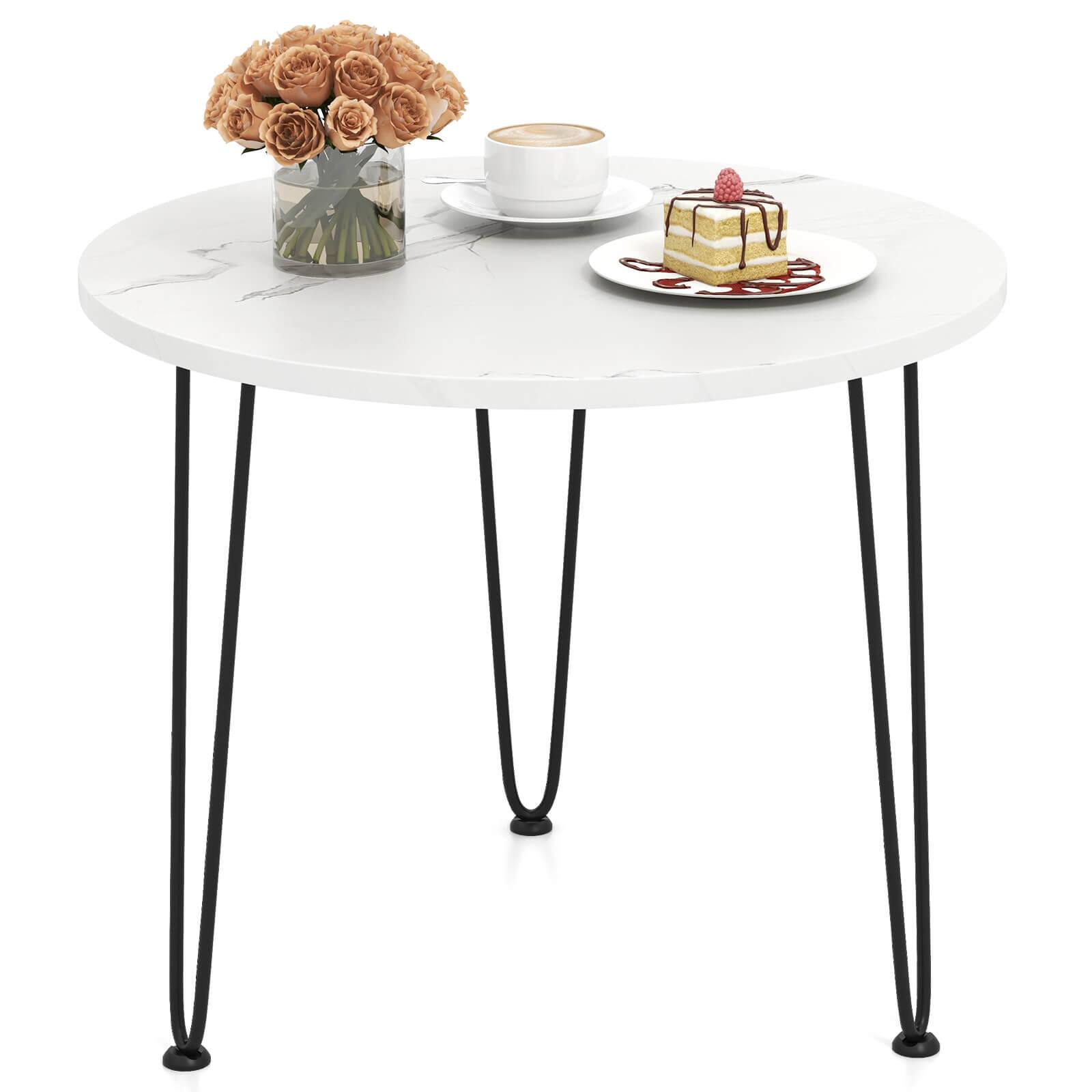 Costway - Small Round Coffee Table w/ Thickened Tabletop & Metal Tripod Legs Faux Marble - White