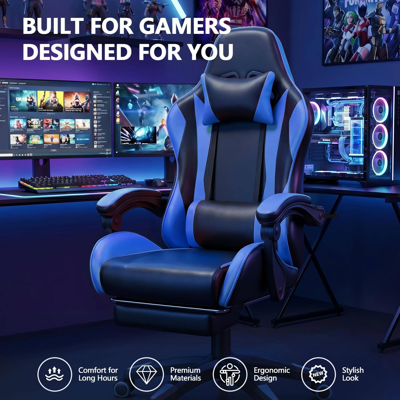 BUILT FOR GAMERS  
DESIGNED FOR YOU  

- Comfort for Long Hours  
- Premium Materials  
- Ergonomic Design  
- NEW Stylish Look