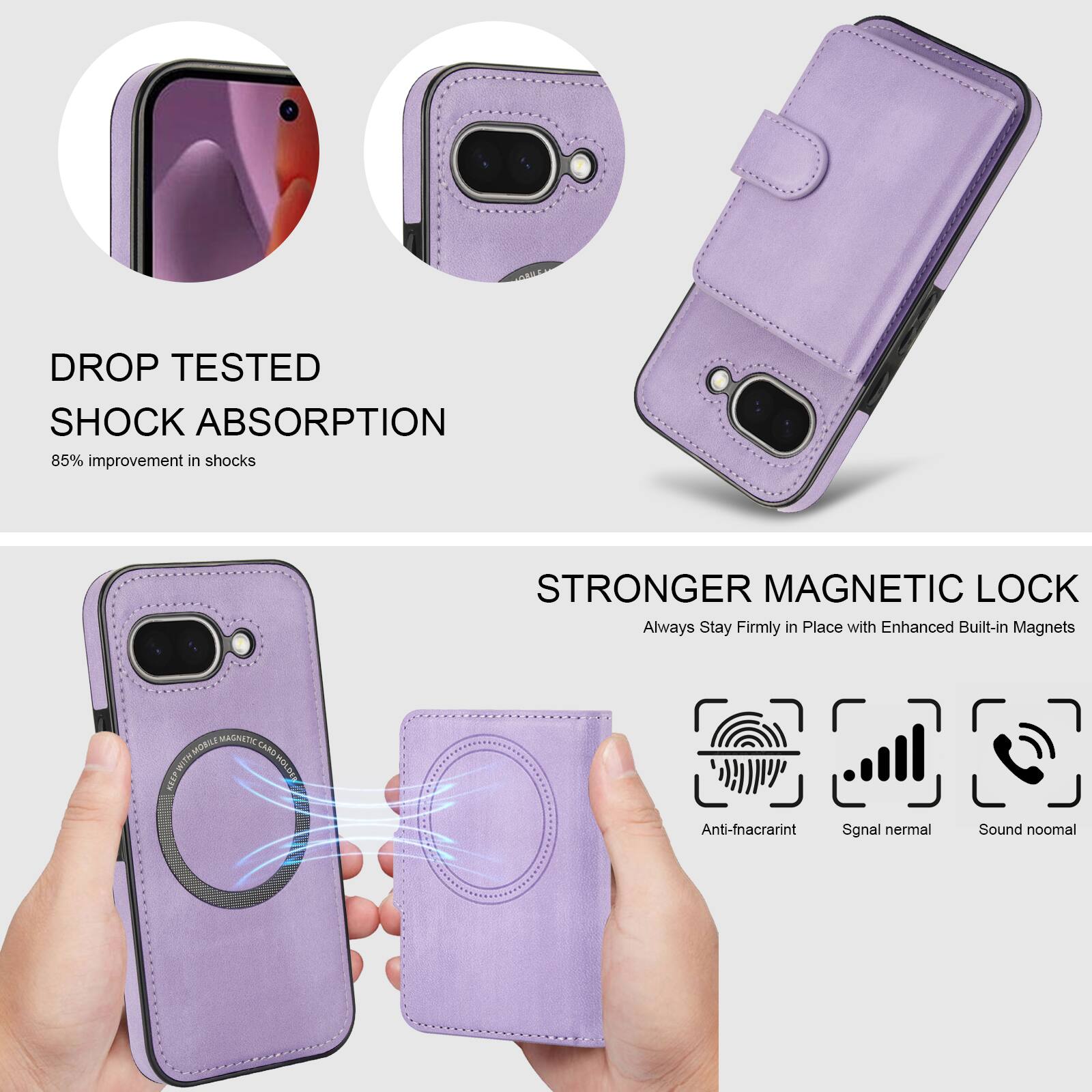 DROP TESTED  
SHOCK ABSORPTION  
85% improvement in shocks  

STRONGER MAGNETIC LOCK  
Always Stay Firmly in Place with Enhanced Built-in Magnets  

MAGNETIC MOBILE CARD  
Anti-fnacrarint  
Signal normal  
Sound normal