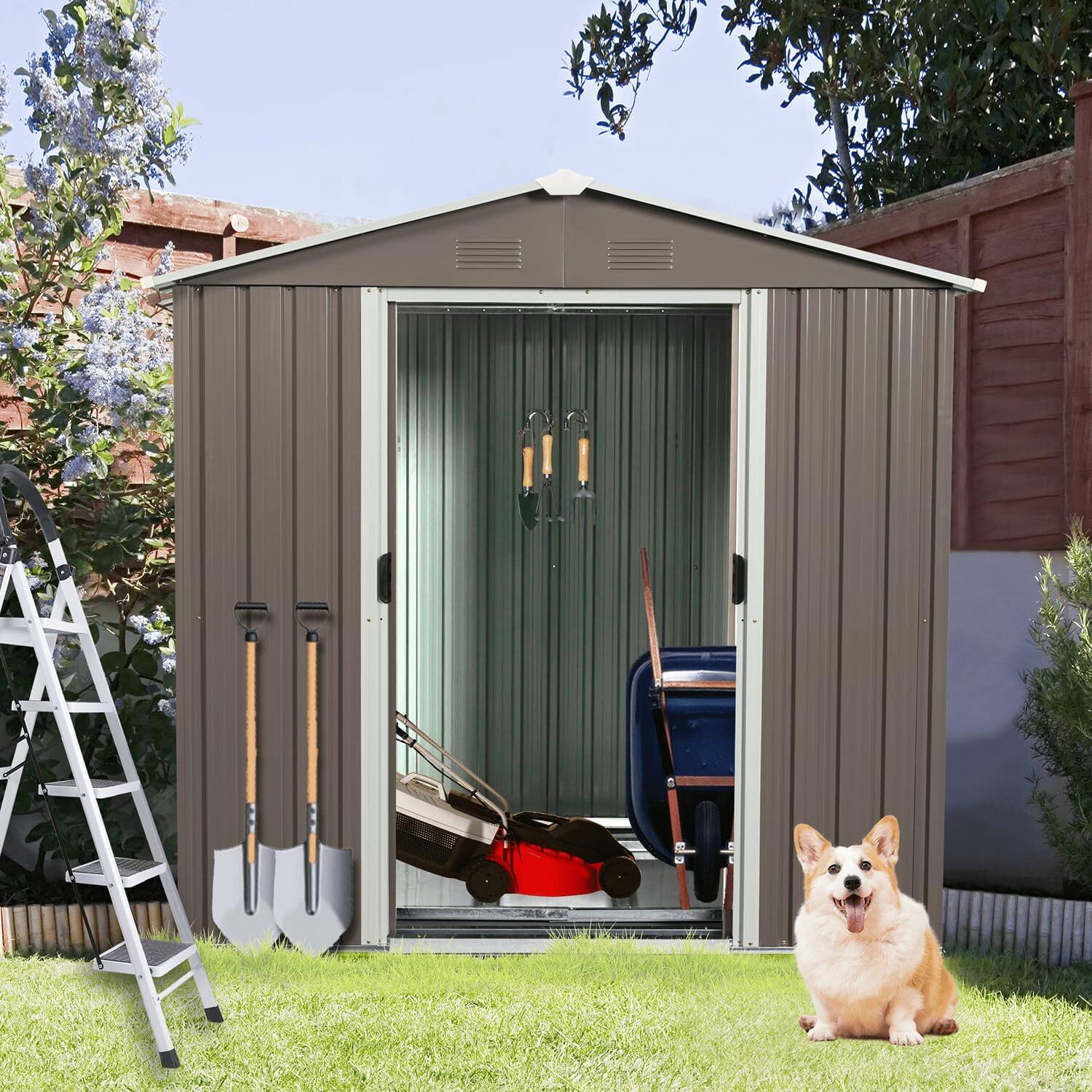 Alt View 4. MOOSOO - 6X5ft Grey Metal Storage Shed with Lockable Sliding Doors, Outdoor Garden Shed with Vents, Hooks & Steel Base - Brown.