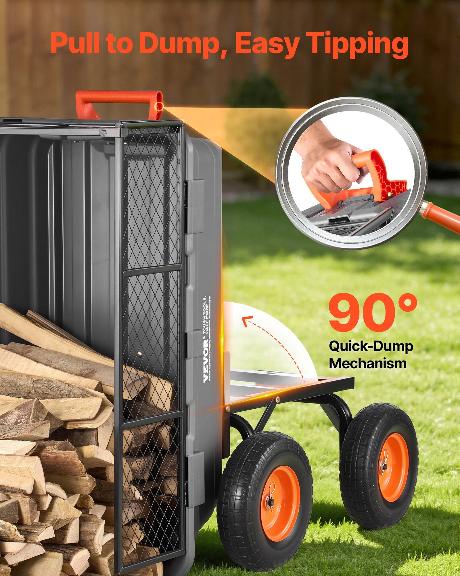 Pull to Dump, Easy Tipping  
90° Quick-Dump Mechanism