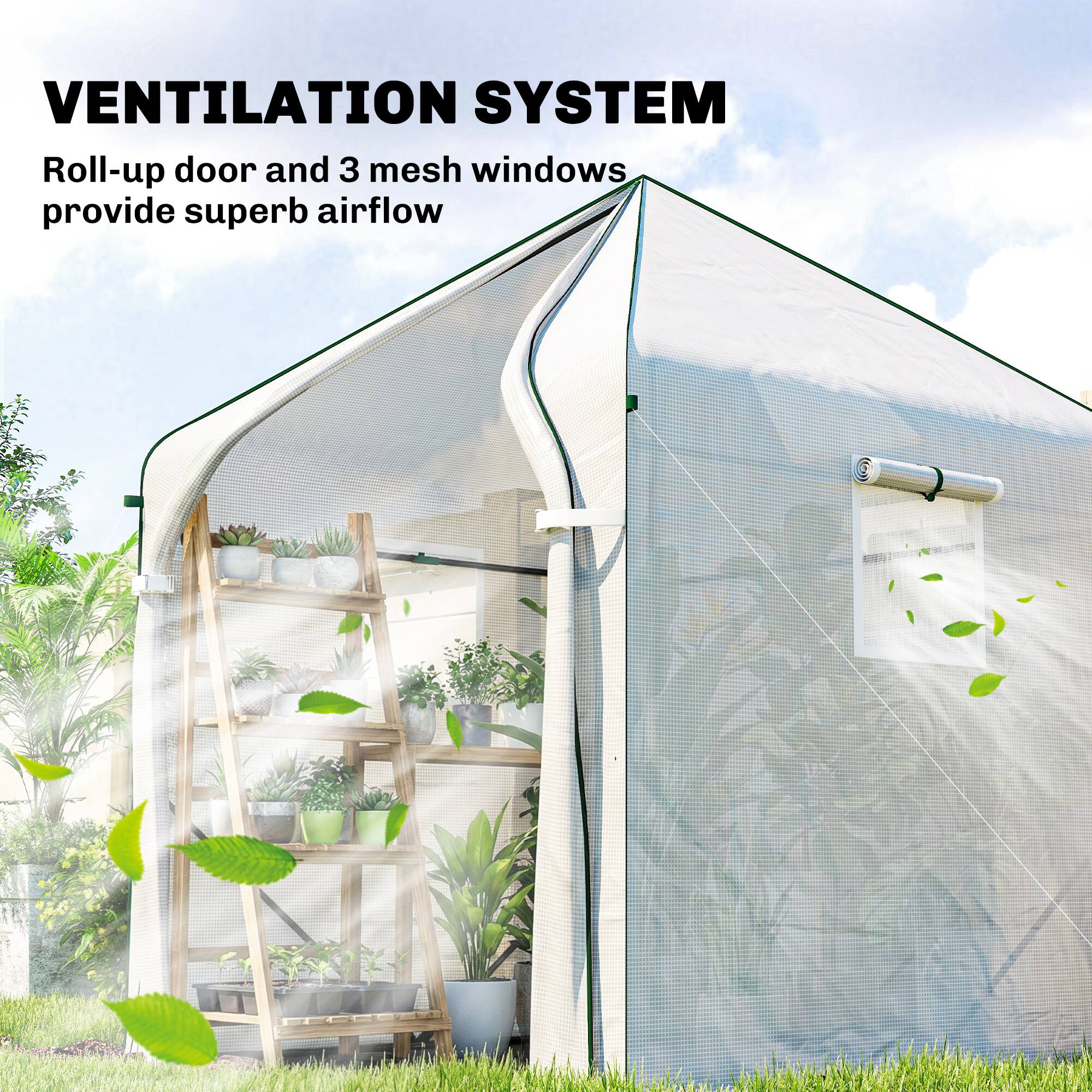 VENTILATION SYSTEM  
Roll-up door and 3 mesh windows provide superb airflow