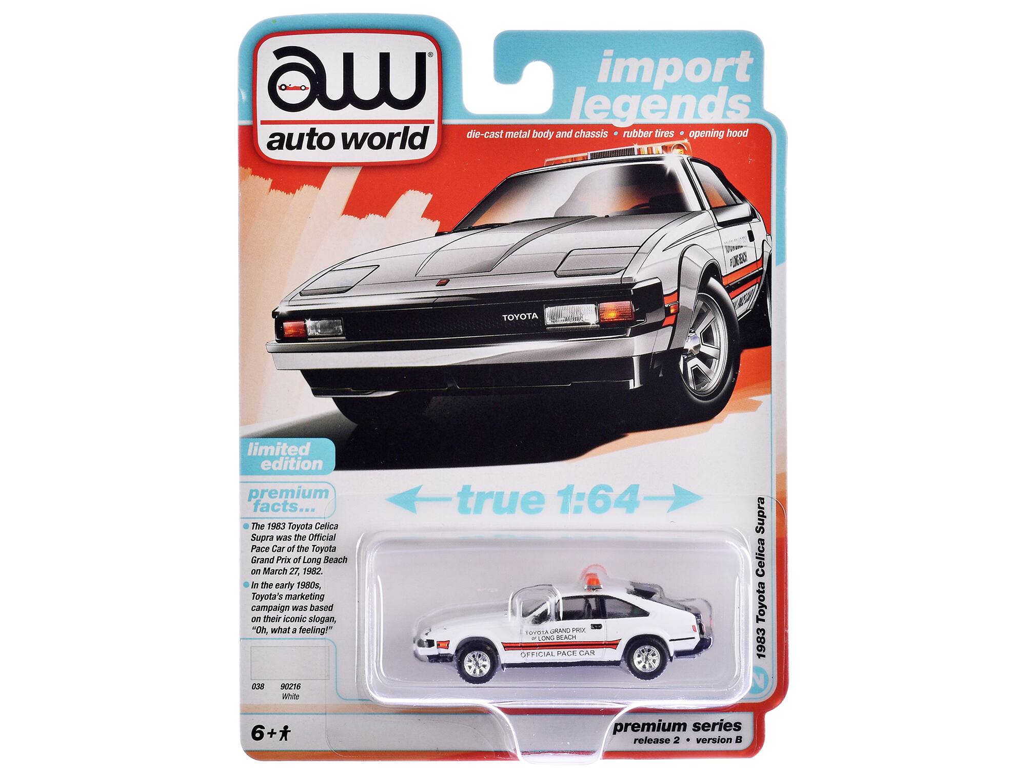 a import Legends die-cast metal body and chassis rubber tires opening hood auto world  
TOYOTA limited edition premium facts...  
The 1983 Toyota Celica Supra was the Official Pace Car of the Toyota Grand Prix of Long Beach on March 27, 1982.  
In the early 1980s, Toyota's marketing campaign was based on their iconic slogan, "Oh, what a feeling!"  
true 1:64 TOYOTA GRAND PRIX - LONG BEACH OFFICIAL PACE CAR Supra Celica Toyota 1983  
038 90216 White  
6+  
premium series release 2 version B