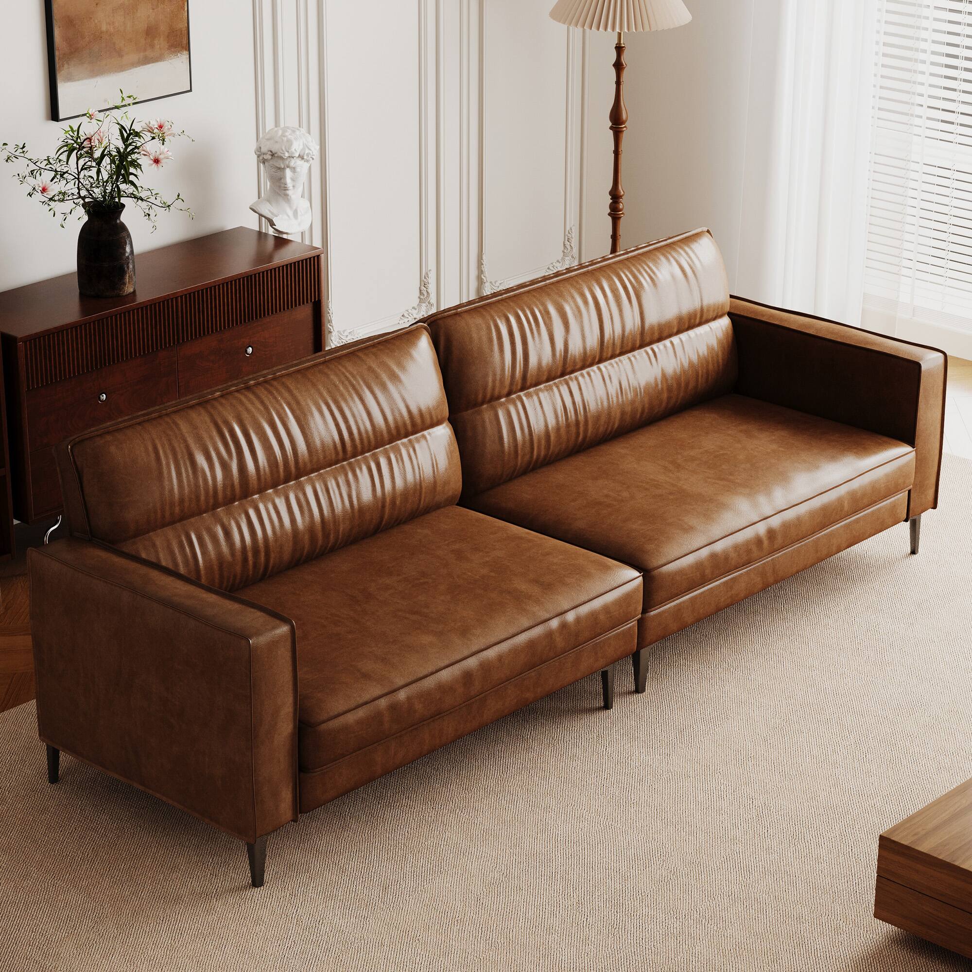 Back. luck idea - Mid-Century Modern Oil-Wax Leather Sectional Sofa, Couch,Solid Wood Frame, High-Density Foam Cushions, Metal Legs - Brown.