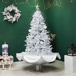 Northlight - Lighted Musical Snowing Artificial White Tinsel Christmas Tree - 6' - White LED Lights - Silver