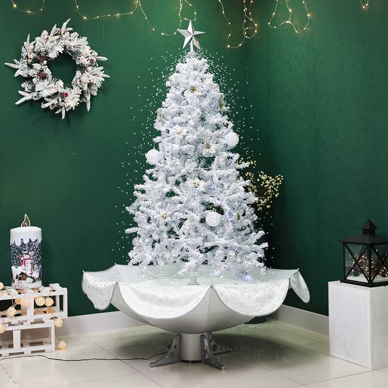 Front. Northlight - Lighted Musical Snowing Artificial White Tinsel Christmas Tree - 6' - White LED Lights - Silver.