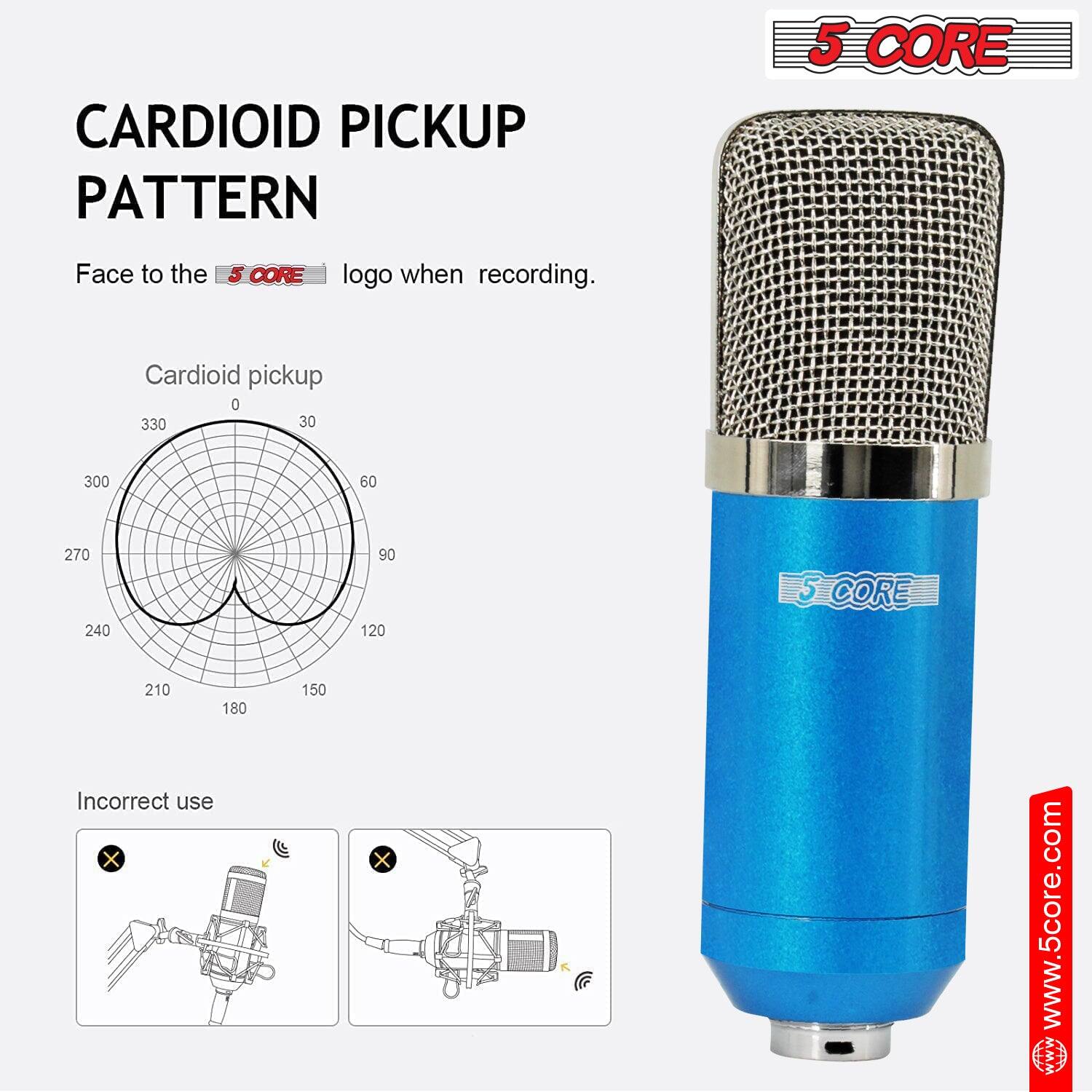 CARDIOID PICKUP PATTERN

5 CORE
Face to the 5 CORE logo when recording.

Cardioid pickup
0 330 30 300 60 270 240 90 120 CORE 210 180

Incorrect use X 150 X

www.5core.com