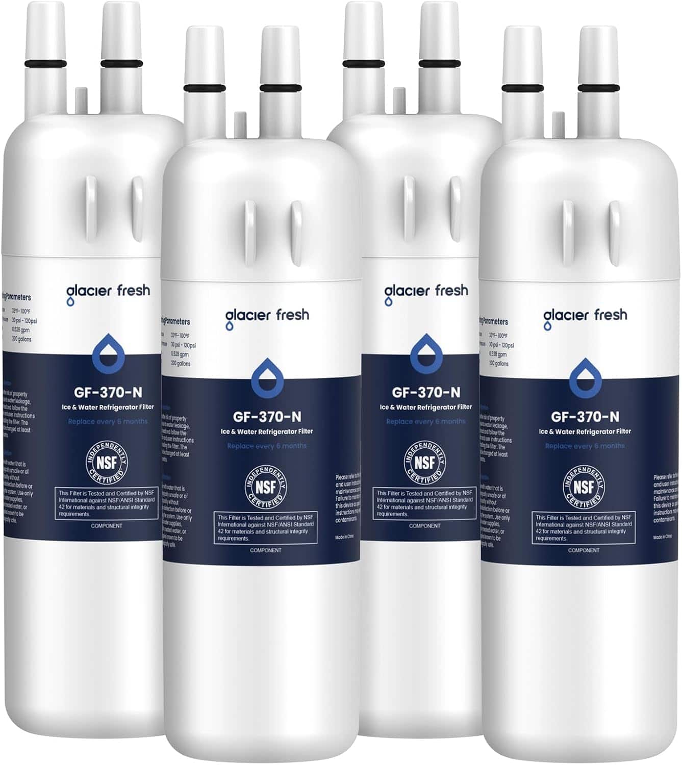glacier fresh  
GF-370-N Ice & Water Refrigerator Filter  
Replace every 6 months  

This Filter is Tested and Certified by NSF International against NSF/ANSI Standard 42 for materials and structural integrity requirements.  

COMPONENT