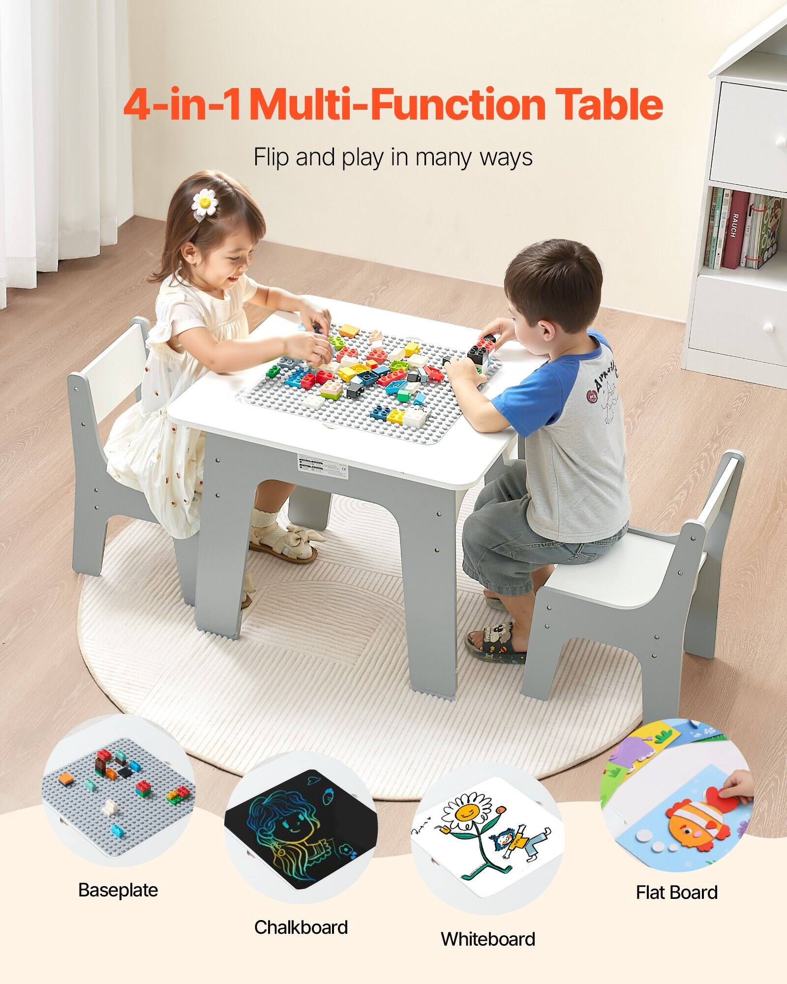 4-in-1 Multi-Function Table

Flip and play in many ways

Baseplate

Chalkboard

Whiteboard

Flat Board