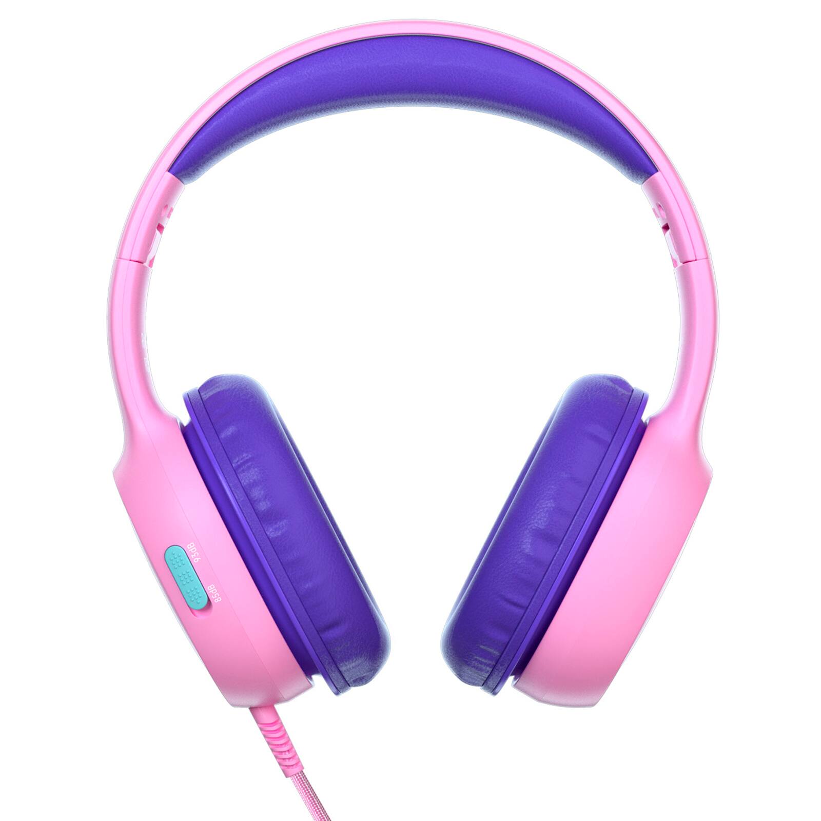 The text "93dB BPS9" is not present in the image. The image shows a pink and purple headset with a pink cord.