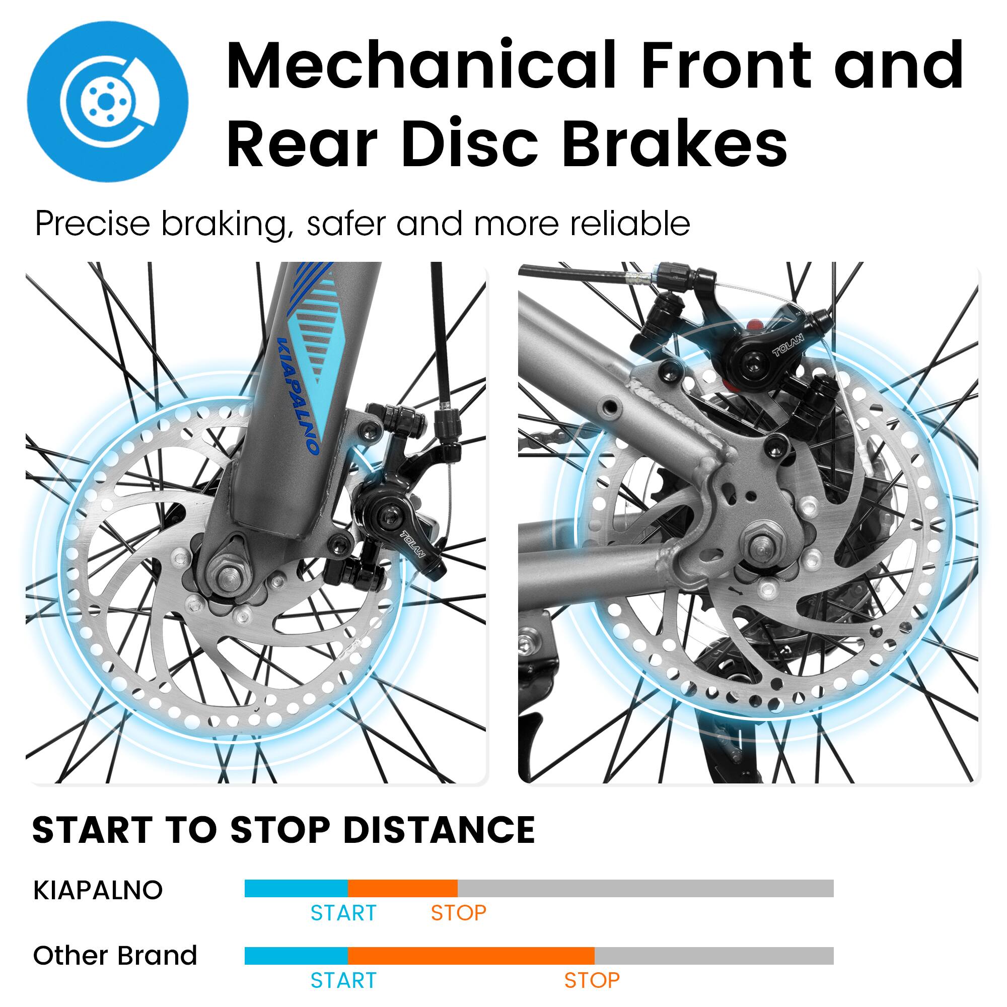 Mechanical Front and Rear Disc Brakes

Precise braking, safer and more reliable

START TO STOP DISTANCE

KIAPALNO
START STOP

Other Brand
START STOP
