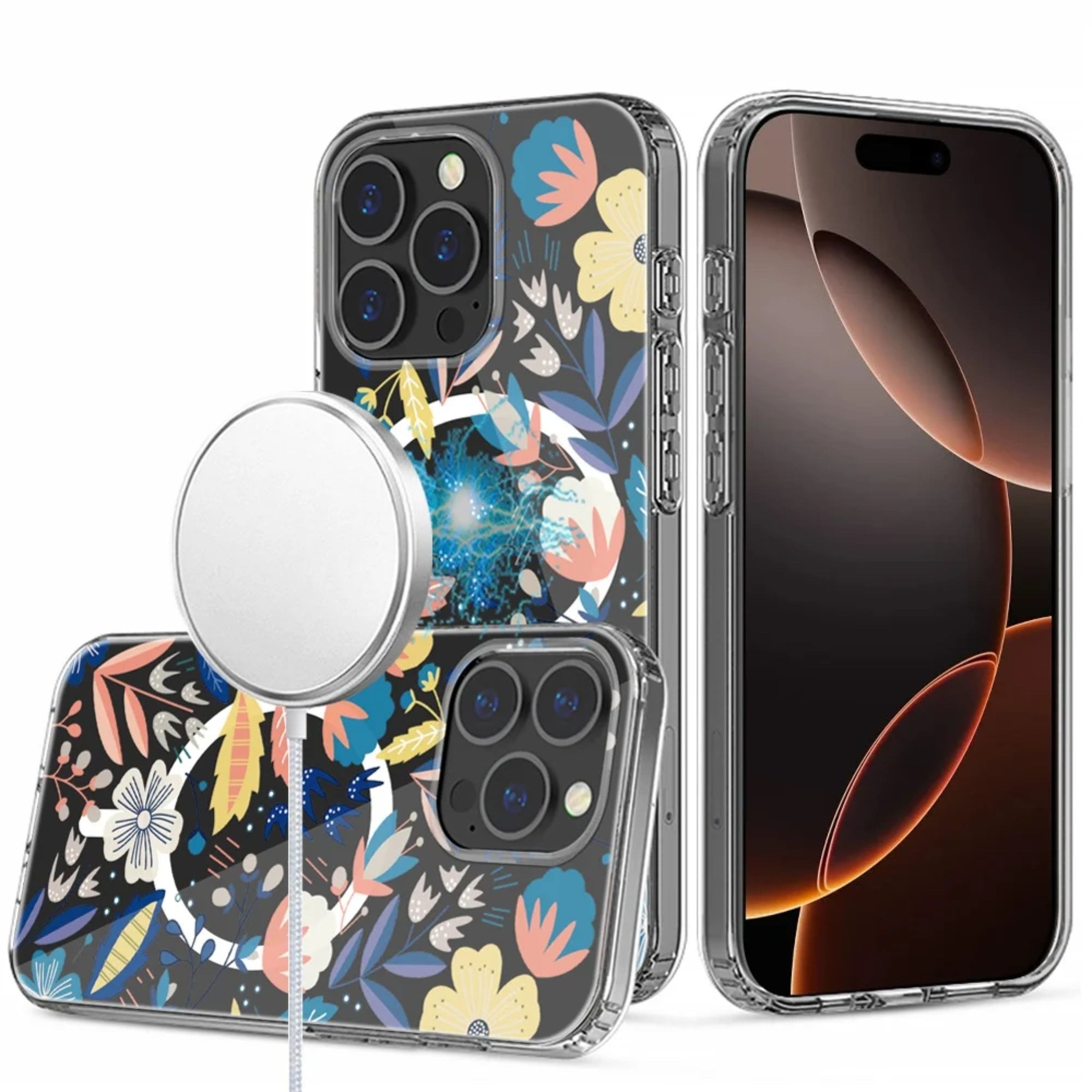 Kitcheniva - Floral Print Clear Magnetic Circle Plus Tempered Glass For iPhone 16 Pro Max Case D - Multicolor