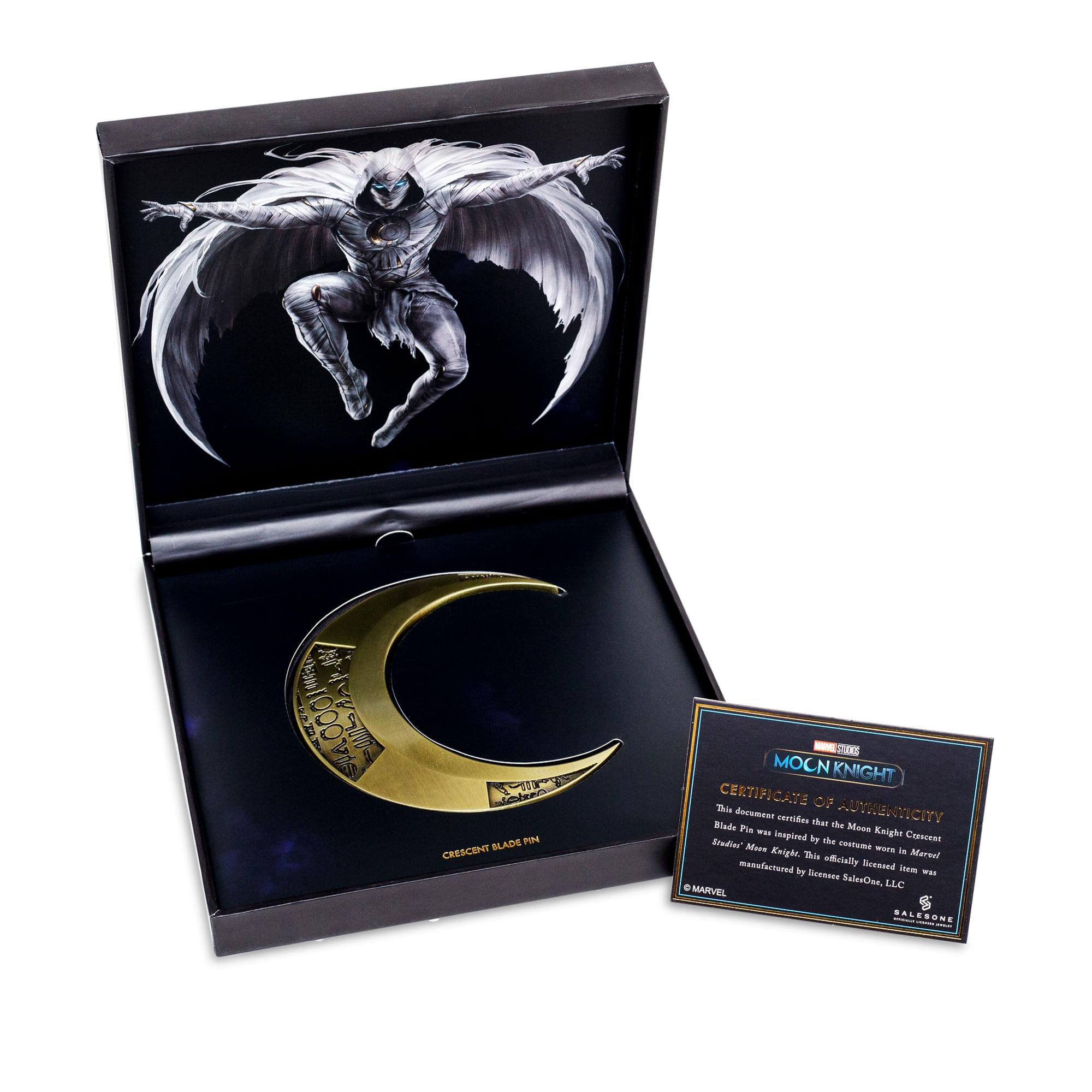 MOON KNIGHT  
CERTIFICATE OF AUTHENTICITY  

This document certifies that the Moon Knight Crescent Blade Pin was inspired by the costume worn in Marvel Studios' Moon Knight. This special hand-painted limited edition item was manufactured by licensees, Sideshow Collectibles, LLC.  

© MARVEL  
© SALESFORCE, LLC