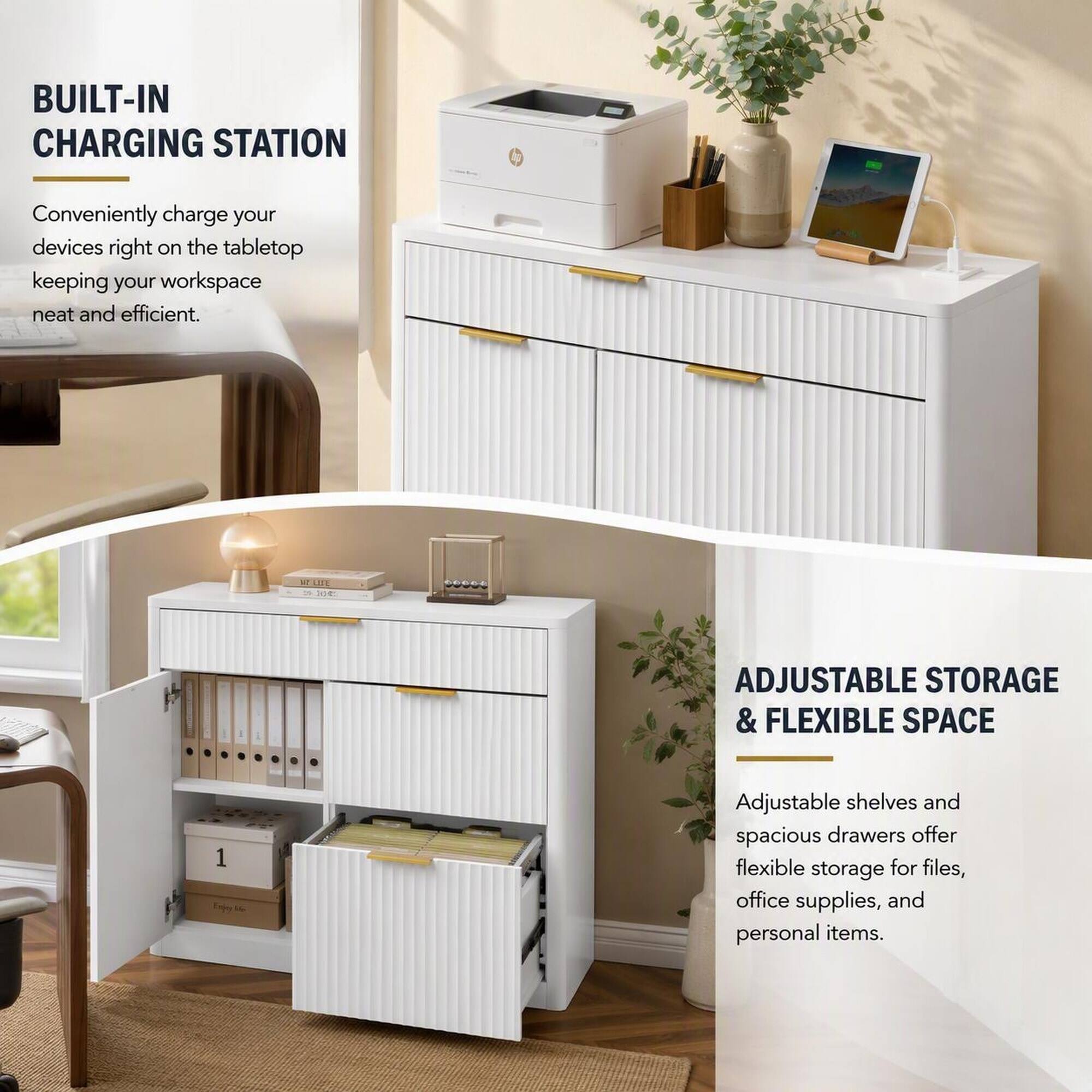 BUILT-IN CHARGING STATION  
Conveniently charge your devices right on the tabletop keeping your workspace neat and efficient.  

WT LITE 2041  

ADJUSTABLE STORAGE & FLEXIBLE SPACE  
Adjustable shelves and spacious drawers offer flexible storage for files, office supplies, and personal items.