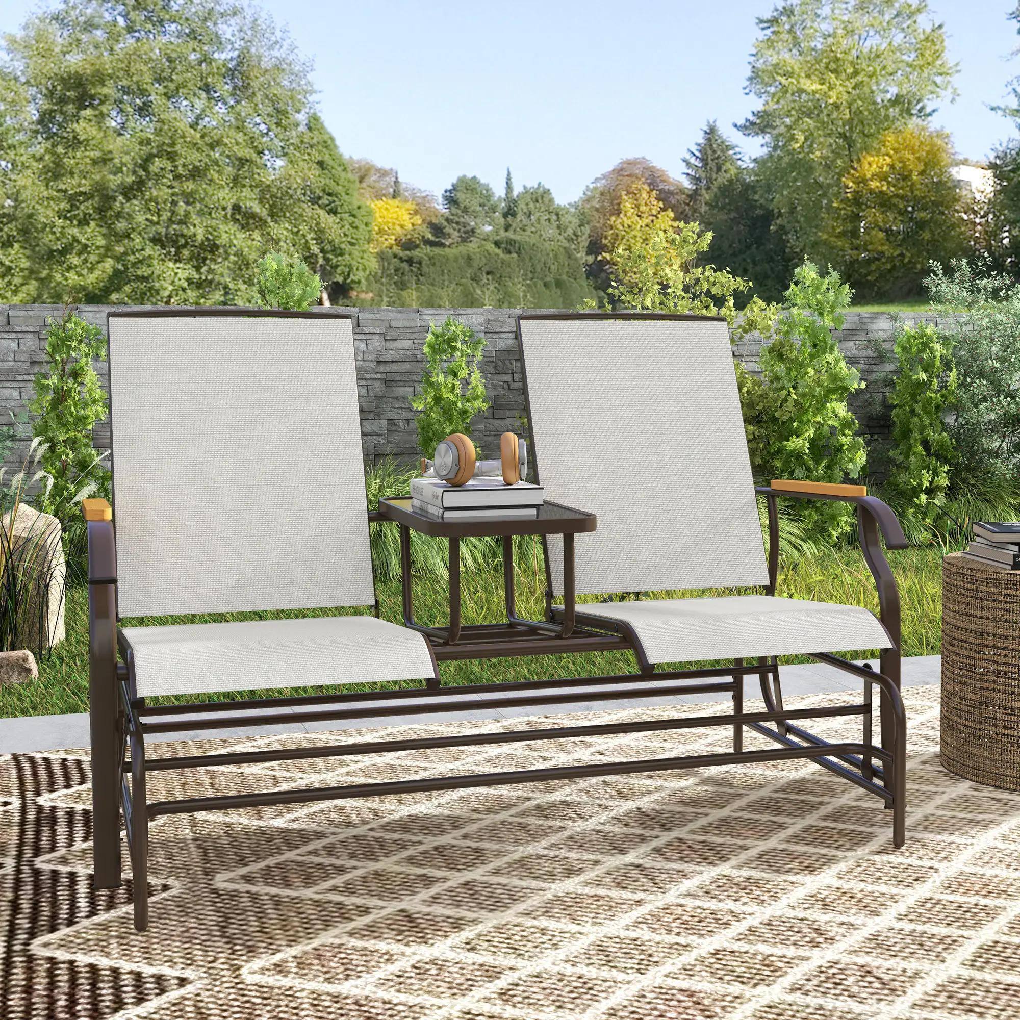 Left. Resenkos - Resenkos 2-Person Swing Bench, Outdoor Loveseat with Table, Steel Frame, Perfect for Relaxing on Deck,Cream White - Cream White.