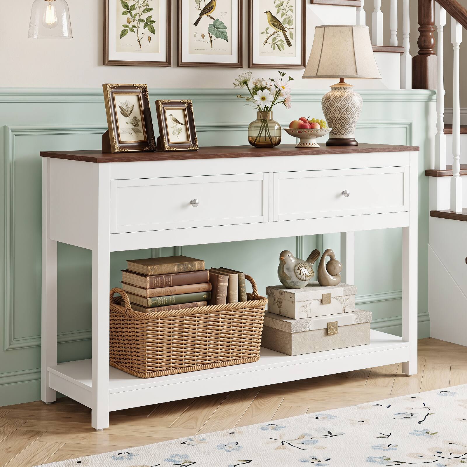 Alt View 1. Gymax - Gymax 47'' Farmhouse Console Table w/2 Drawers & Open Storage Shelf Anti-Topping Kits Brown & White - White.