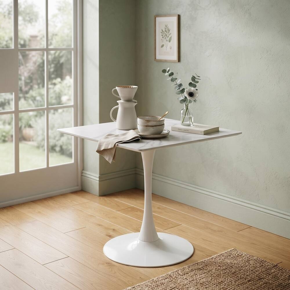 Left. LeisureMod - Bristol 31" Square Dining Table, White Sintered Stone Top, Modern 4-Person Kitchen Table - White.