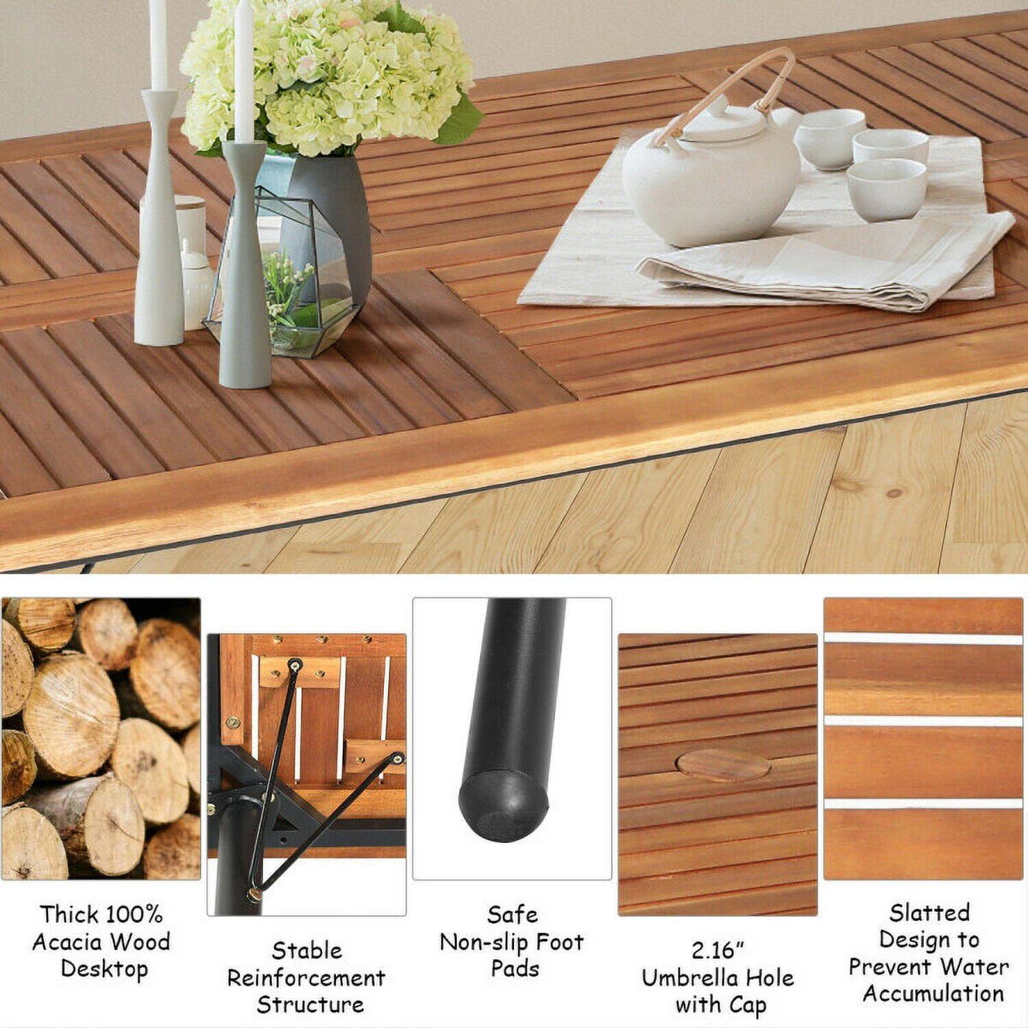 Thick 100% Safe Acacia Wood Stable Non-slip Foot Desktop Pads Reinforcement Structure 2.16" Umbrella Hole with Cap Slatted Design to Prevent Water Accumulation

- Thick 100% Acacia Wood Desktop
- Stable Reinforcement Structure
- Safe Non-slip Foot Pads
- 2.16" Umbrella Hole with Cap
- Slatted Design to Prevent Water Accumulation