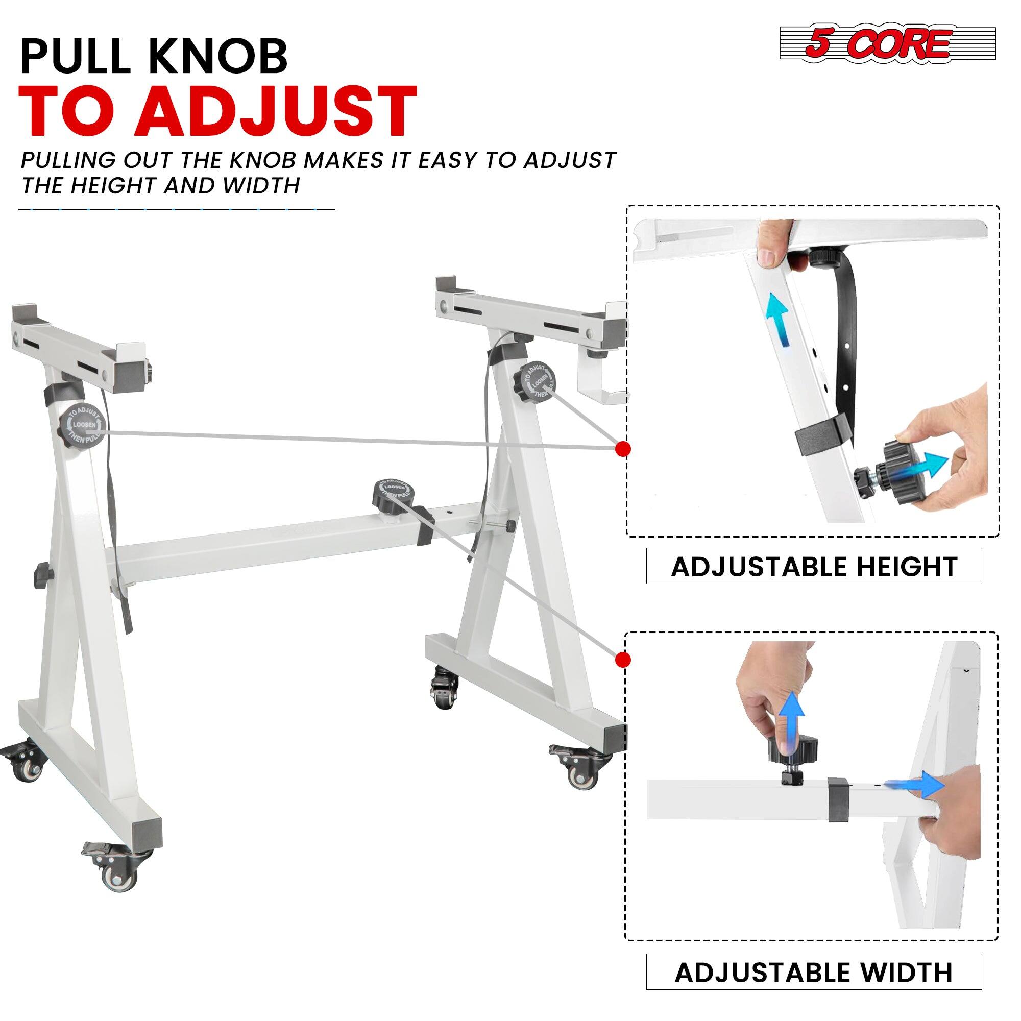 PULL KNOB TO ADJUST, PULLING OUT THE KNOB MAKES IT EASY TO ADJUST THE HEIGHT AND WIDTH, 5 CORE, ADJUSTABLE HEIGHT, ADJUSTABLE WIDTH