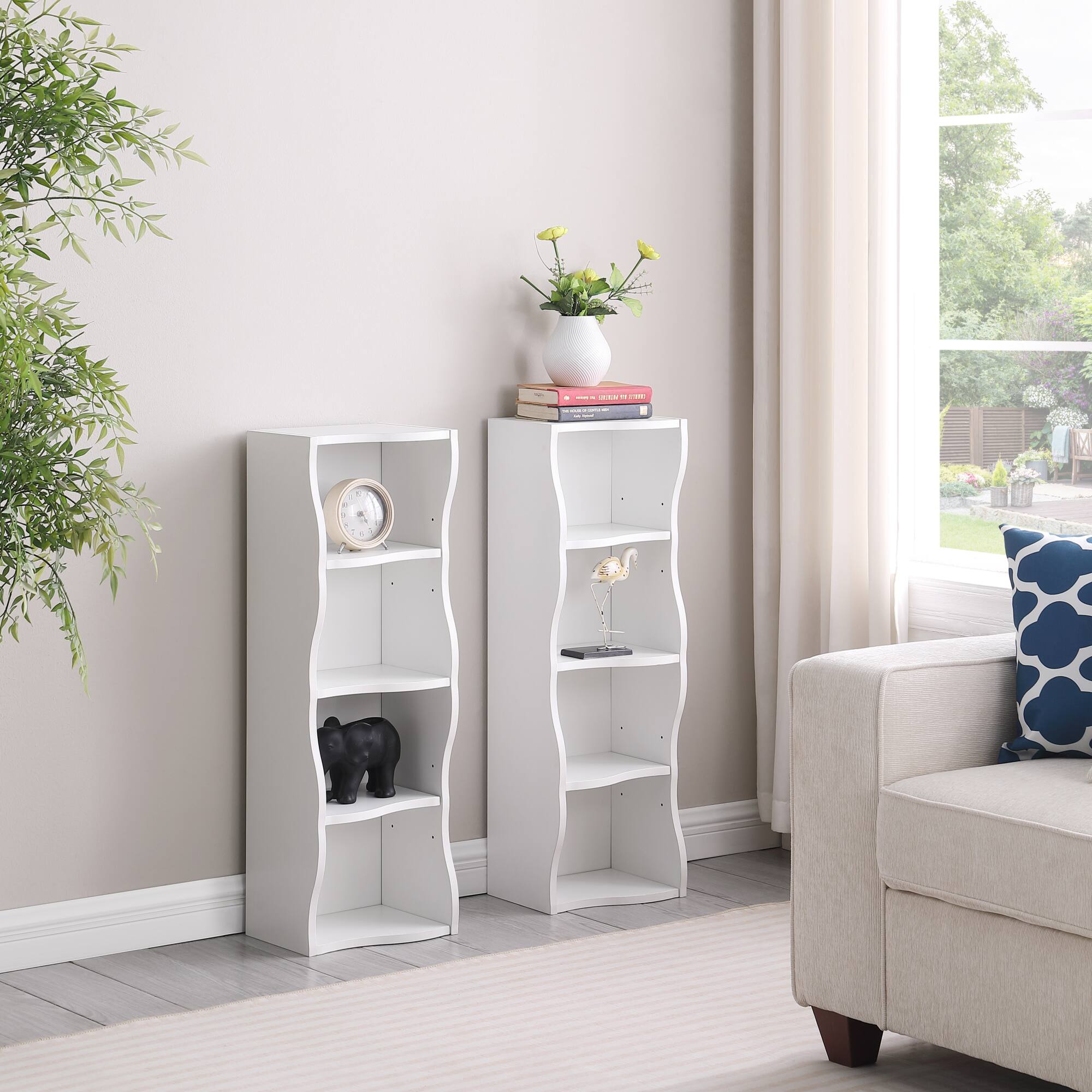 Back. GOODSILO - Ultra-Thin Adjustable Shelf Bookcase with Wavy Border Design for Home and Office Storage Solutions - White.