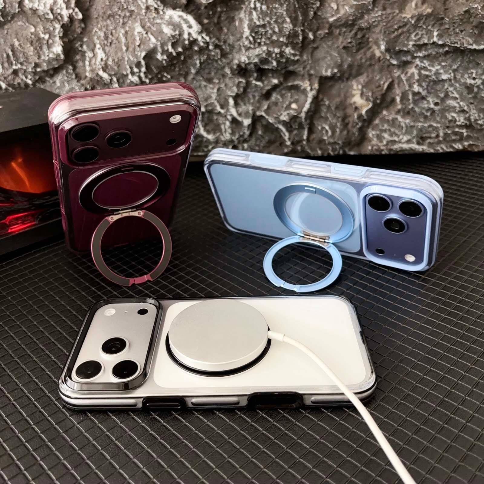 Back. Dteck - Magnetic Case for Apple iPhone 17 Pro, Slim Shockproof Clear Back Cover with 360 Degree Ring Metal Stand - Skyblue.