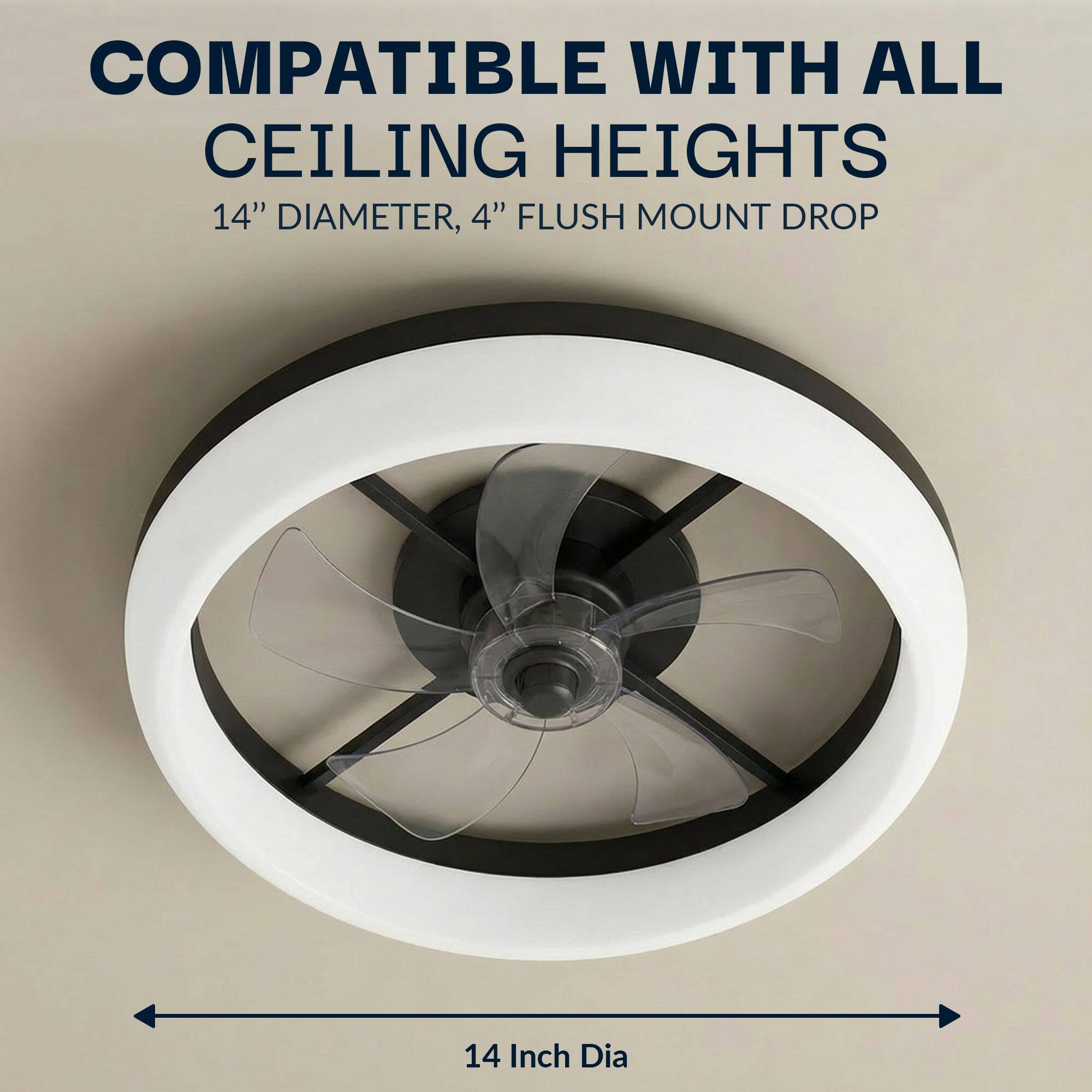 COMPATIBLE WITH ALL CEILING HEIGHTS  
14" DIAMETER, 4" FLUSH MOUNT DROP  
14 Inch Dia