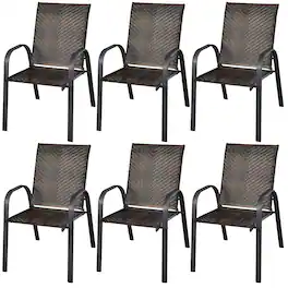 Costway - Set of 6 Patio Rattan Dining Chairs Stackable Armrest Garden - Brown