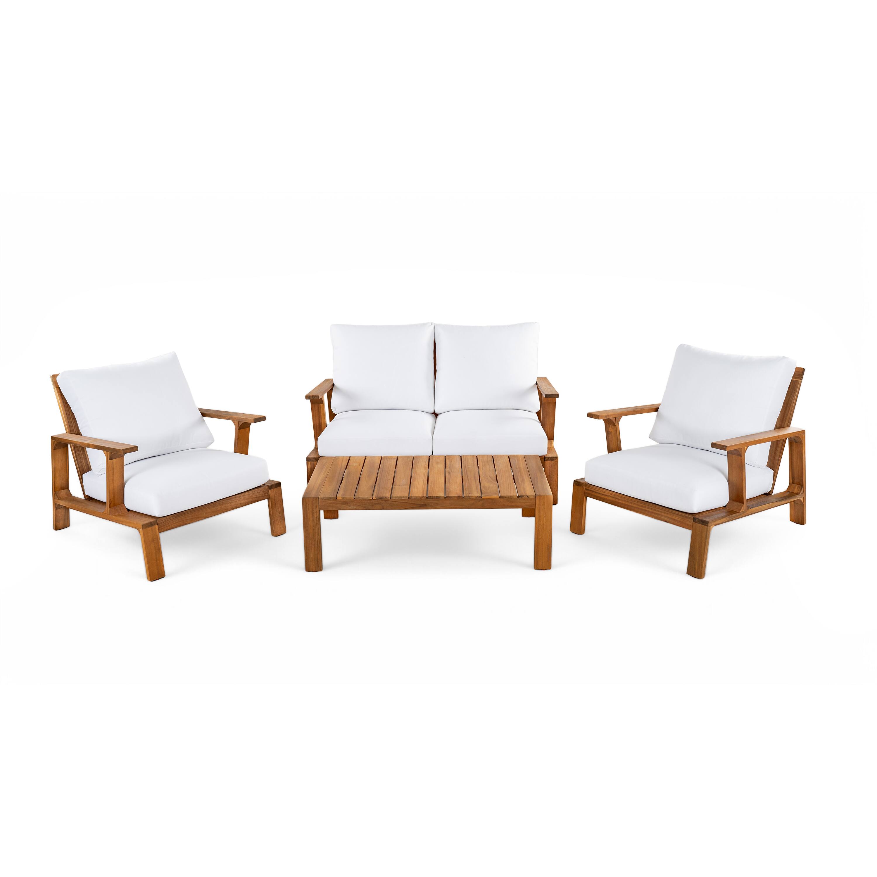Alt View 2. Siljoy - 4-Piece 4-Seat Patio Conversation Set, Outdoor Sofa with Coffee Table, Teak Finish + White Cushions - Teak,White.
