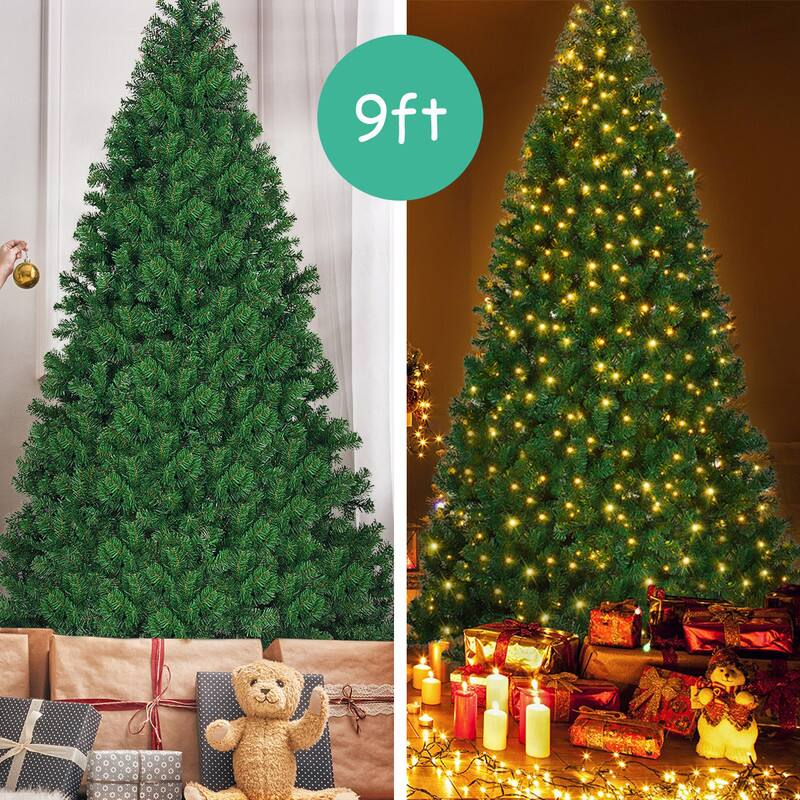 Left. WELLFOR - 9 ft Pre-Lit PVC Artificial Christmas Tree with 700 LED Lights,Full 2028‑Branch Tips Large Christmas Tree - Green.