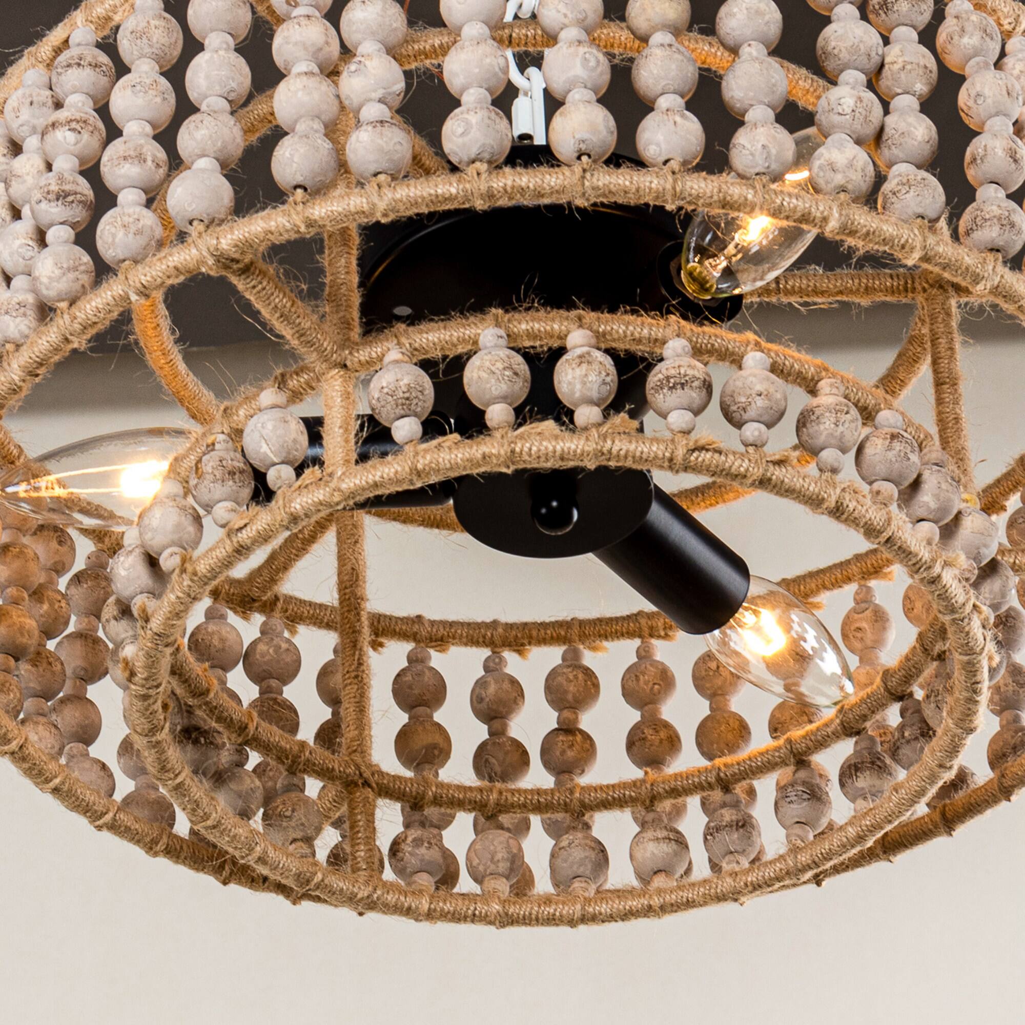 Alt View 5. Parrot Uncle - Boho 3-Light Drum Wood Beaded Flush Mount Ceiling Light - Wood.