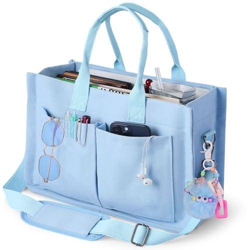 Fabibe - Canvas Tote Bag Purse For Women With Zipper Closure Individual Compartments & Bottom Support - Blue-Medium
