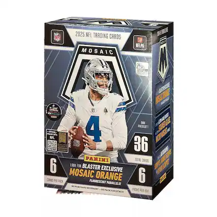 2025 NFL Trading Cards
Mosaic
NFLPA
Panini
6 Cards Per Pack
36 Total Cards
6 Packs Per Box
Look for Blaster Exclusive Mosaic Orange Fluorescent Parallels!
No Purchase Necessary - See Packs for Details
Dak Prescott
Official Panini NFTs
Blockchain Technology
Stained Glass
Mosaic Orange
Autographs, Game-Used, and Future Stars