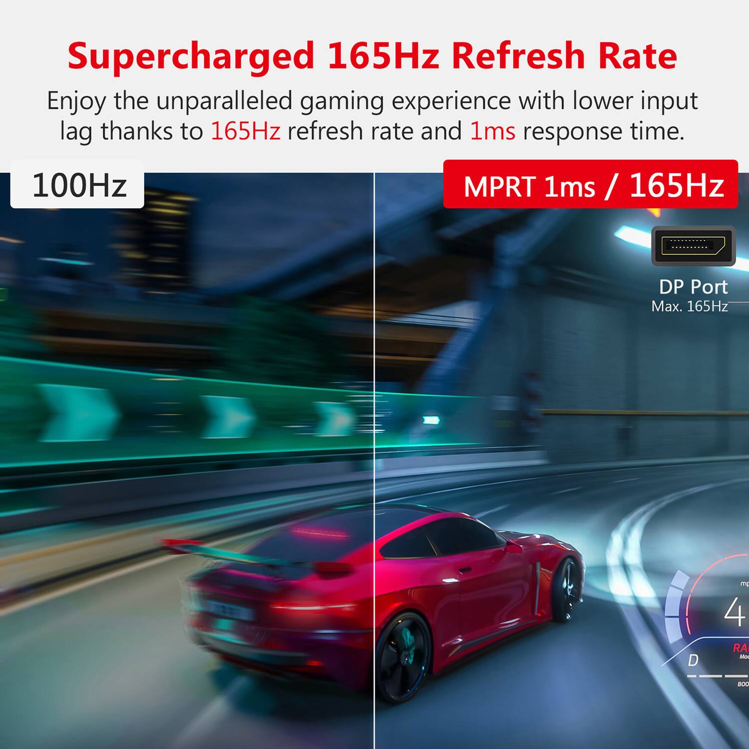 Supercharged 165Hz Refresh Rate  
Enjoy the unparalleled gaming experience with lower input lag thanks to 165Hz refresh rate and 1ms response time.  

100Hz  
MPRT 1ms / 165Hz  

DP Port  
Max. 165Hz